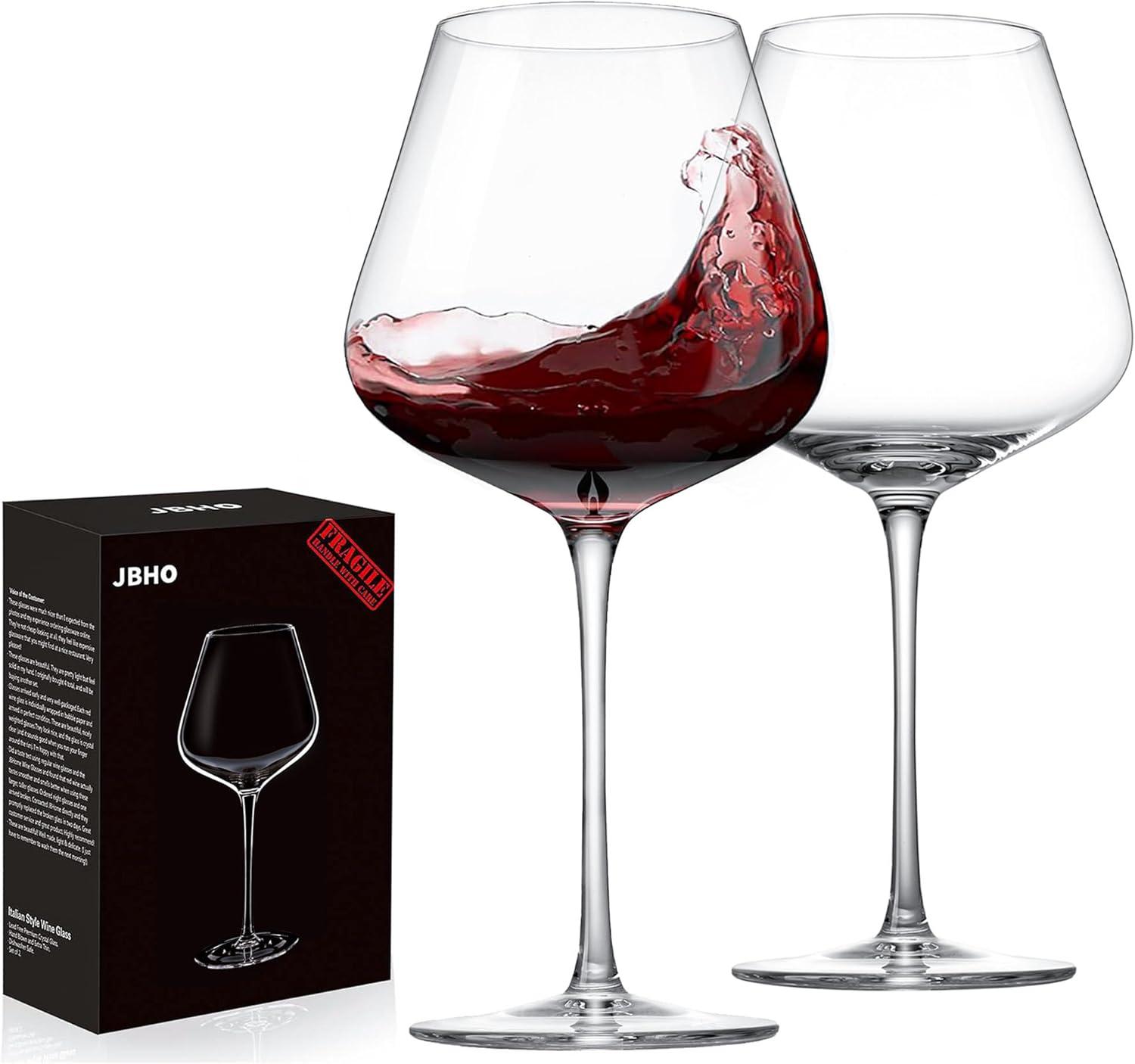 JBHO Hand Blown Italian Style Crystal Bordeaux Wine Glasses - Great Gift Packaging - Red Wine Glasses Lead-Free Premium Crystal Clear Glass - Set of 2-18 Ounce