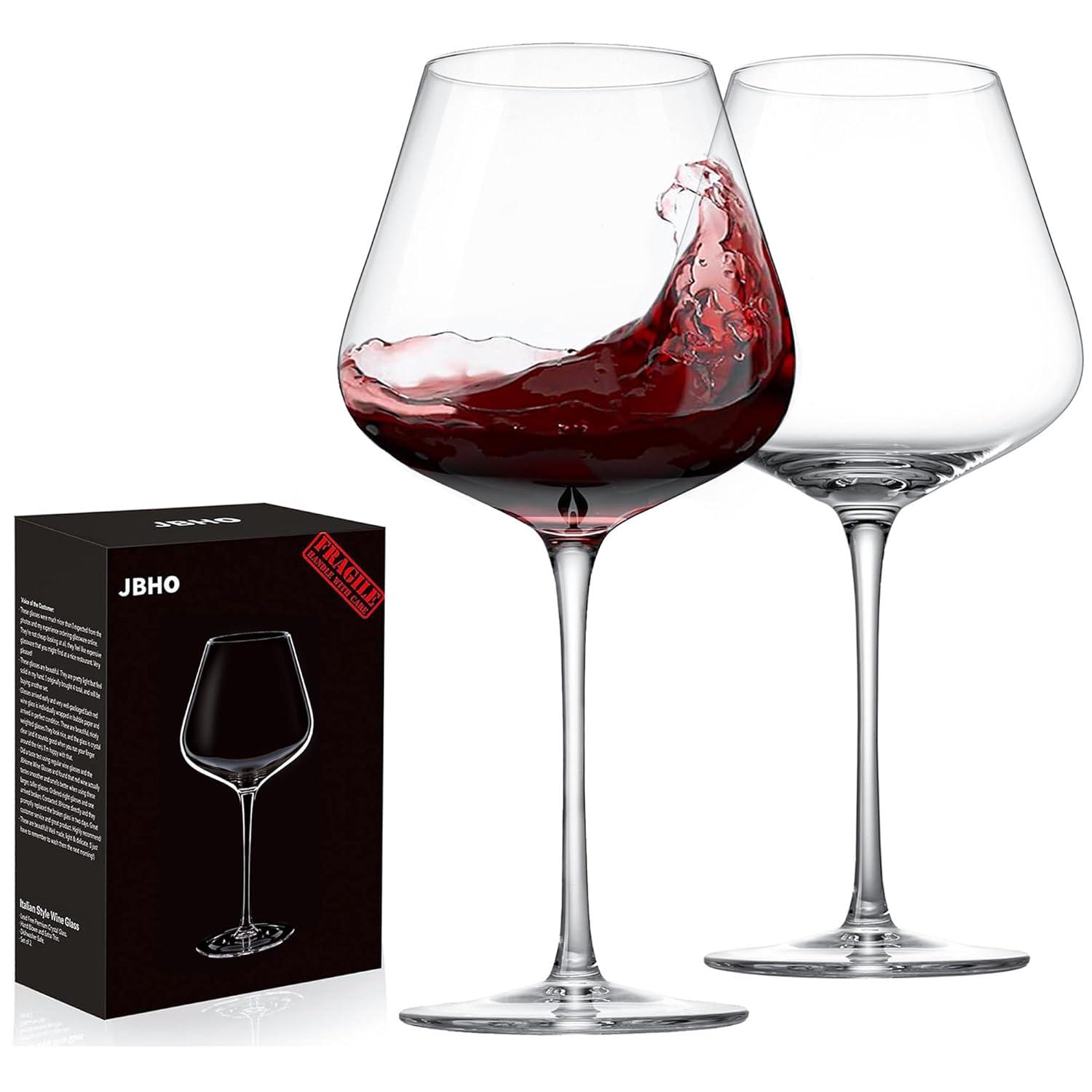 JBHO Hand Blown Italian Style Crystal Bordeaux Wine Glasses - Great Gift Packaging - Red Wine Glasses Lead-Free Premium Crystal Clear Glass - Set of 2-18 Ounce