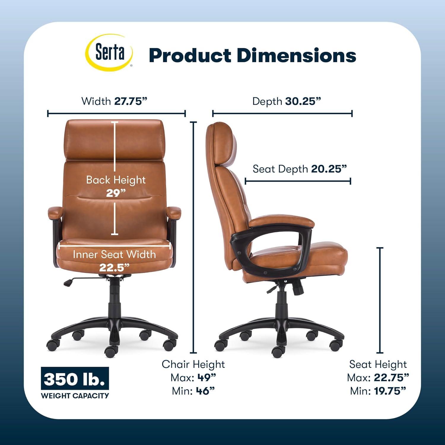 Serta Serta Comfort Executive Big & Tall Office Chair, Ergonomic High-Back, Semi Plush Seat, Padded Arms