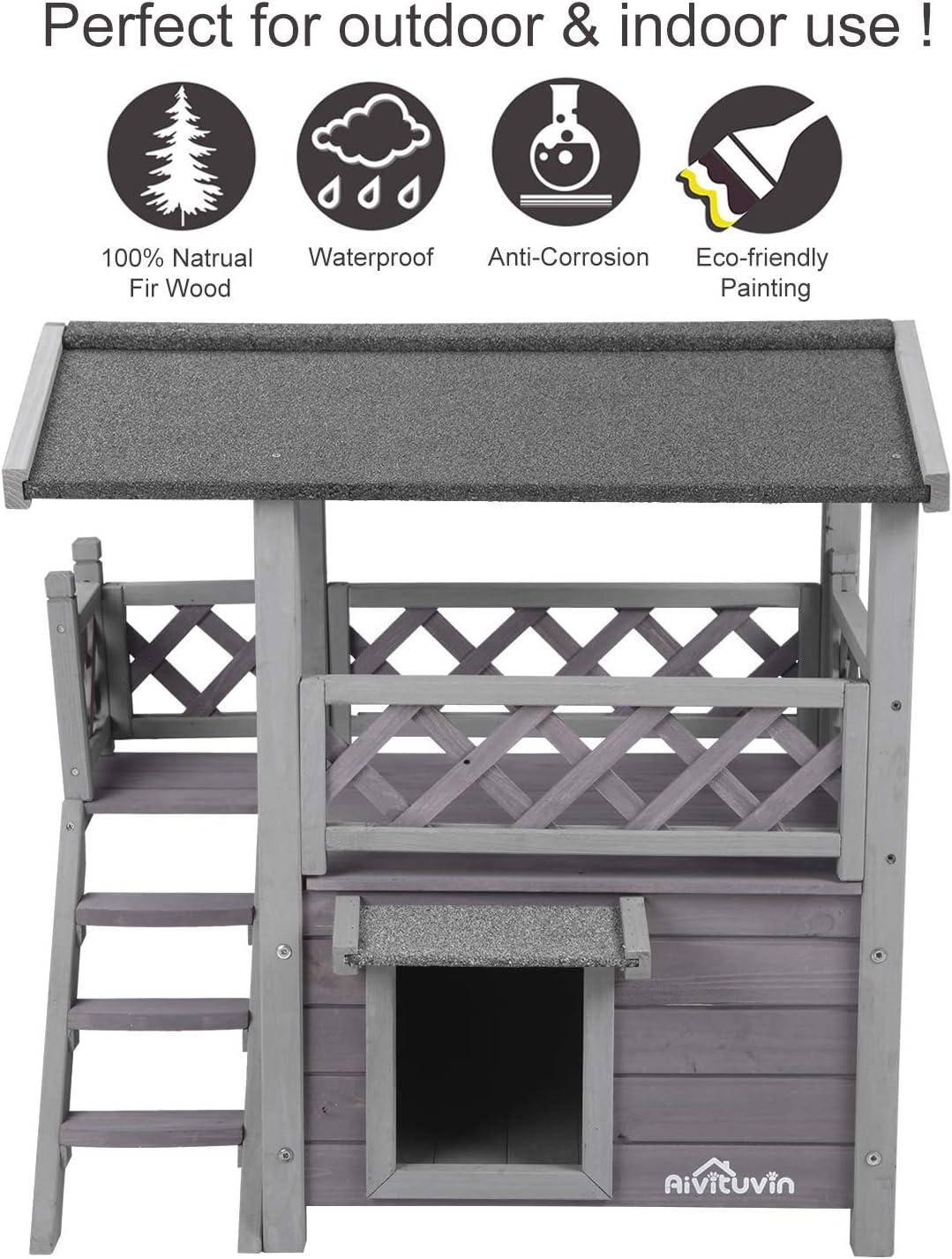 Gray Fir Wood Outdoor Cat House with Stairs and Balcony