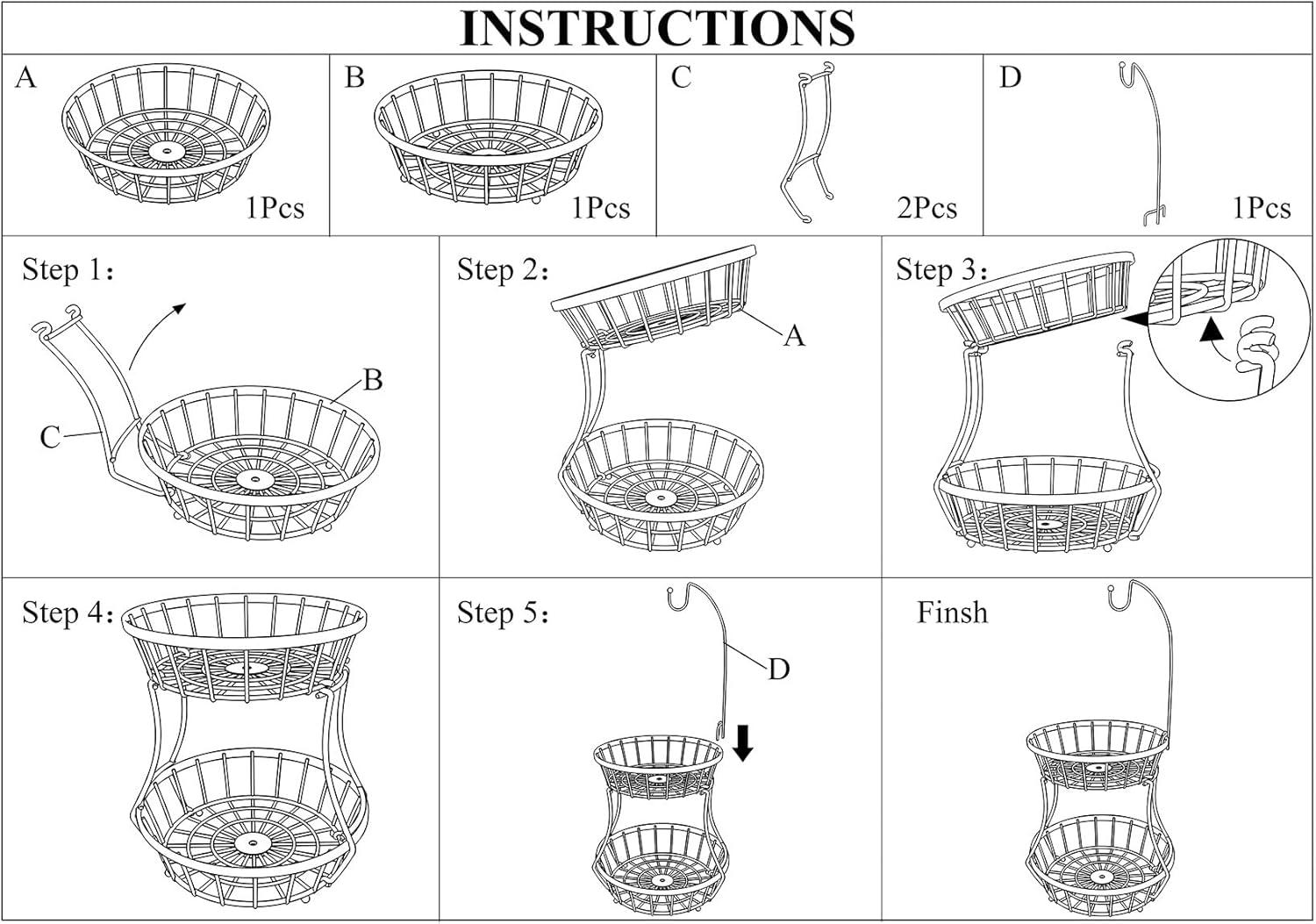 Black Metal 2-Tier Fruit Basket with Banana Hanger