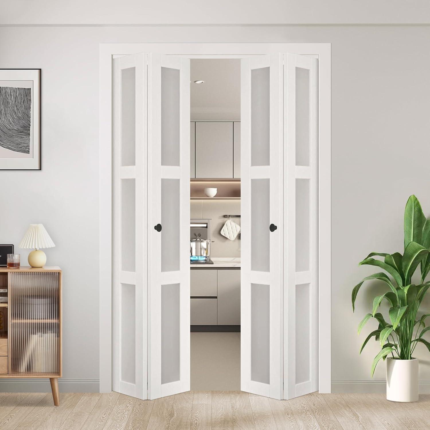 CHIC MODE Double Bifold Doors 3 Lite Frosted Glass Solid Manufactured Wood Prefinished Folding Door