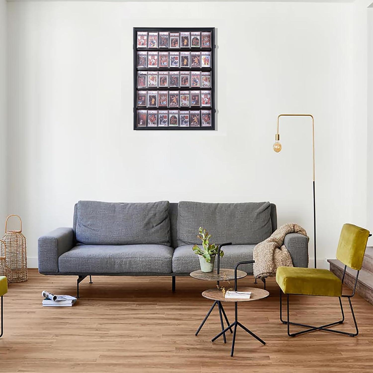 Estuche para Exhibición de Tarjetas Deportivas de 35 Grados: Marco de Exhibición de Tarjetas de Béisbol con Protección UV Gabinete de Pared con Cerradura Transparente para Tarjetas Coleccionables de Baloncesto Negro Vertical