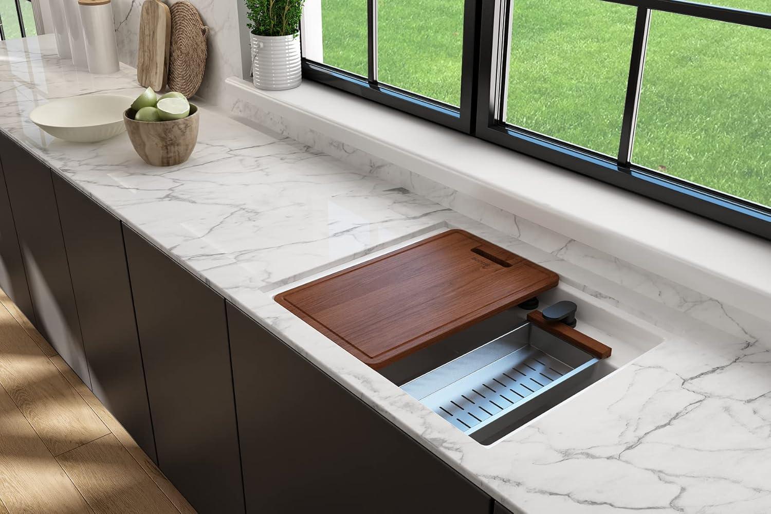 BOCCHI Wooden Cutting Board/Cover For Baveno W/ Handle - Sapele Mahogany For 1633 Sinks (Outer Ledge)