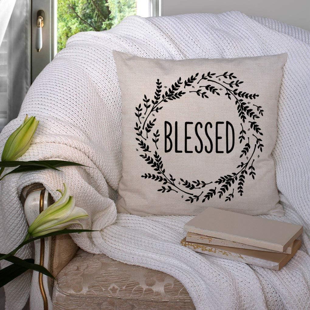 Blessed Beige and Black Cotton Linen Farmhouse Pillow 18x18 inches