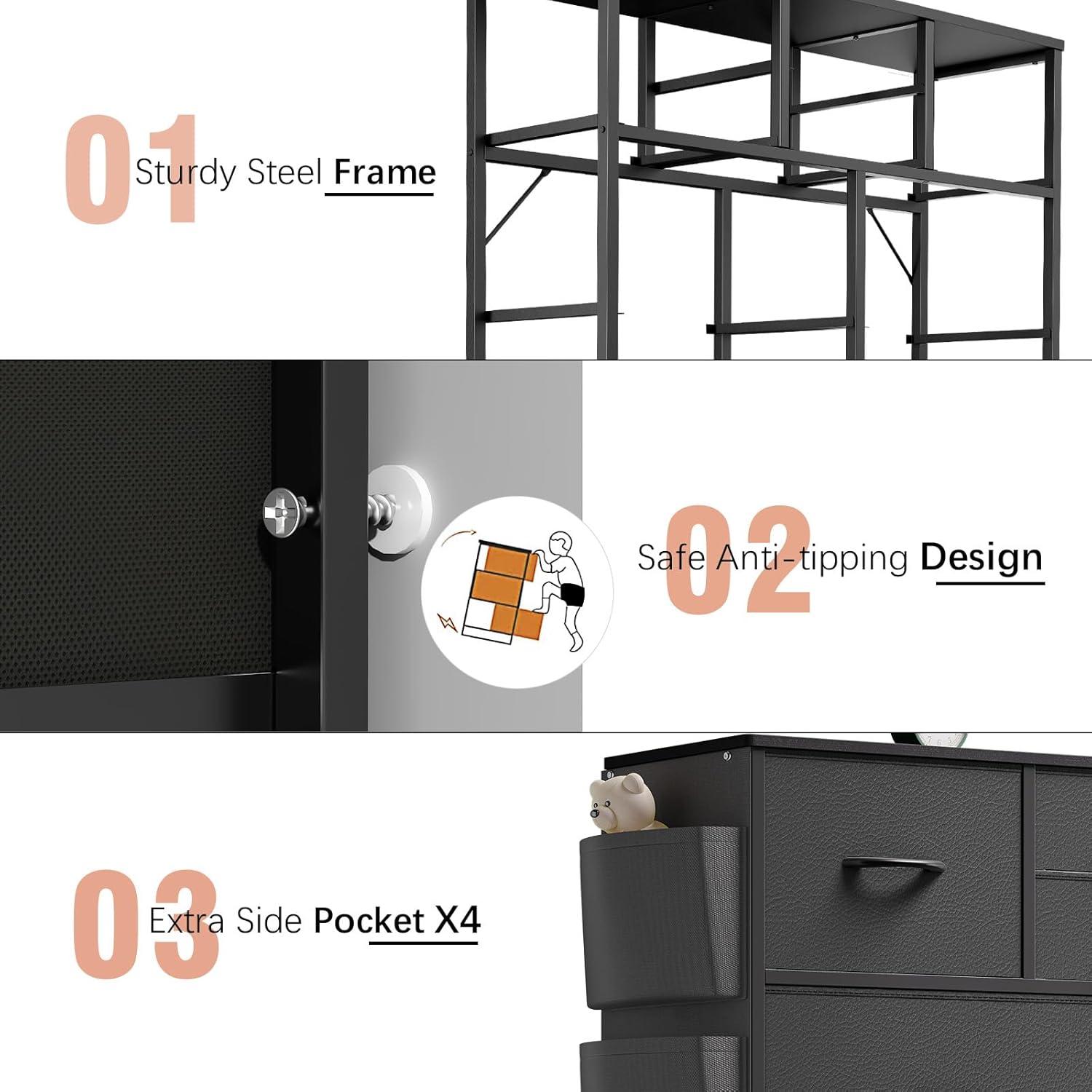 Sienna-Marie 10 - Drawer Dresser, Chest of Drawers for Bedroom with 4 Side Pockets and 2 Hooks