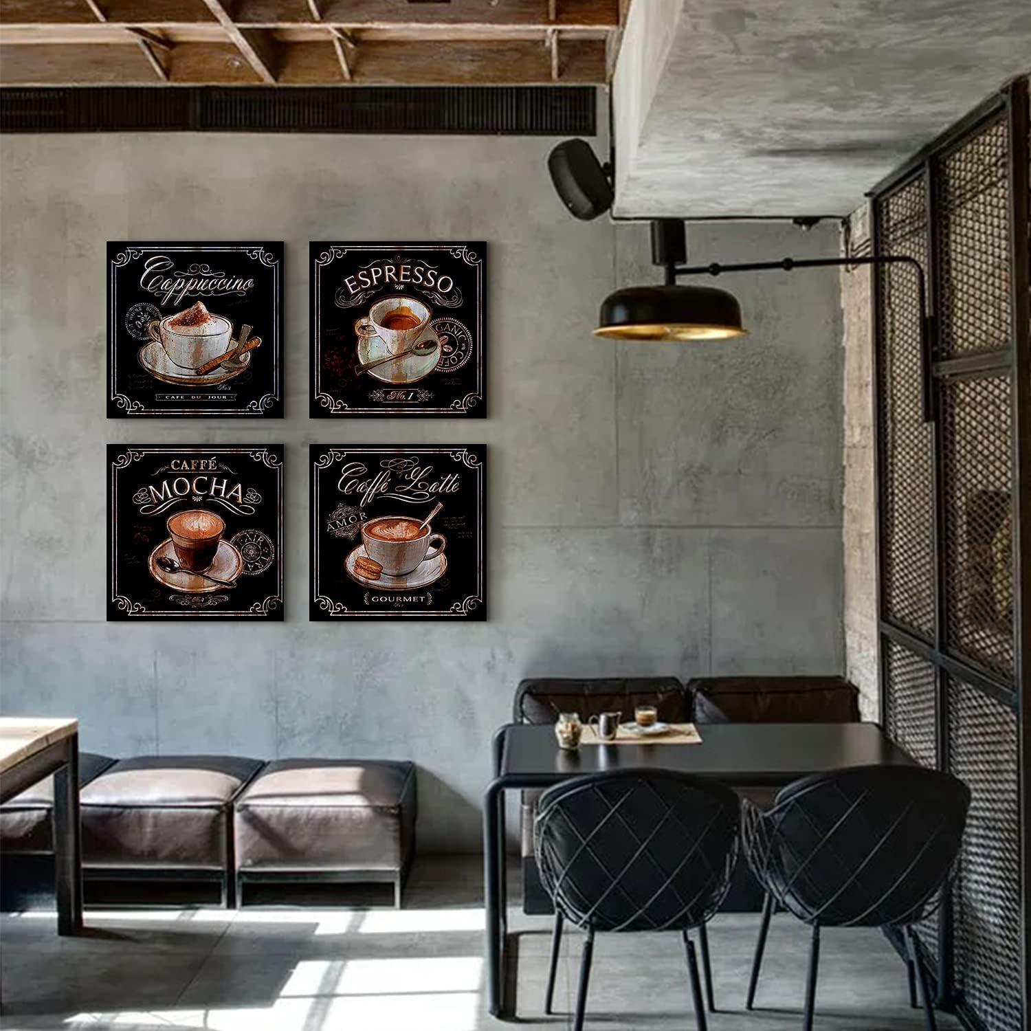 Kitchen Wall Art Coffee Wall Art Vintage Brown Black Cafe Pictures Dining Room Bar Wall Decor Fireplace Sign Bean Modern Artwork Canvas Coffee Shop Painting Family Restaurant Home Decoration 12x12" 4P