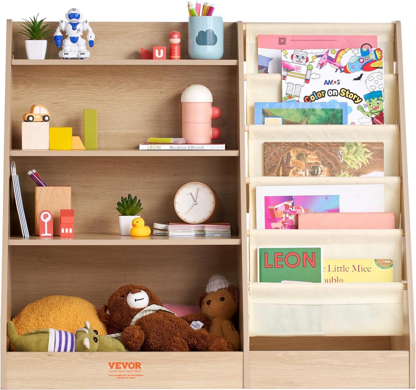 Brown Wooden Kids Bookshelf with Storage Cubes