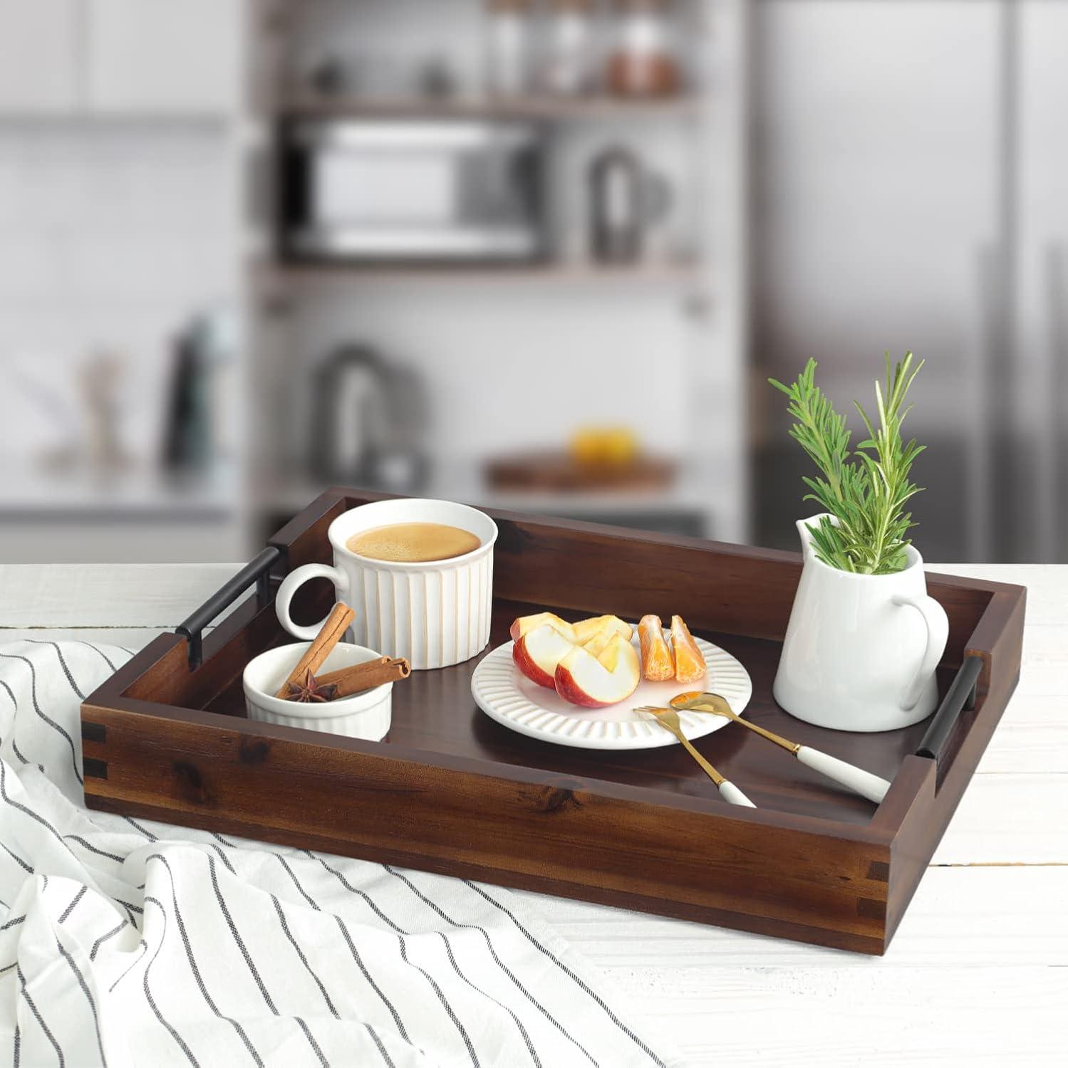 Ottoman Tray, 16.5"x12.5"x2.5" Acacia Wood Serving Tray with Black Metal Handles, Great for Ottoman Tray, Food Tray, Breakfast Tray, Eating Tray