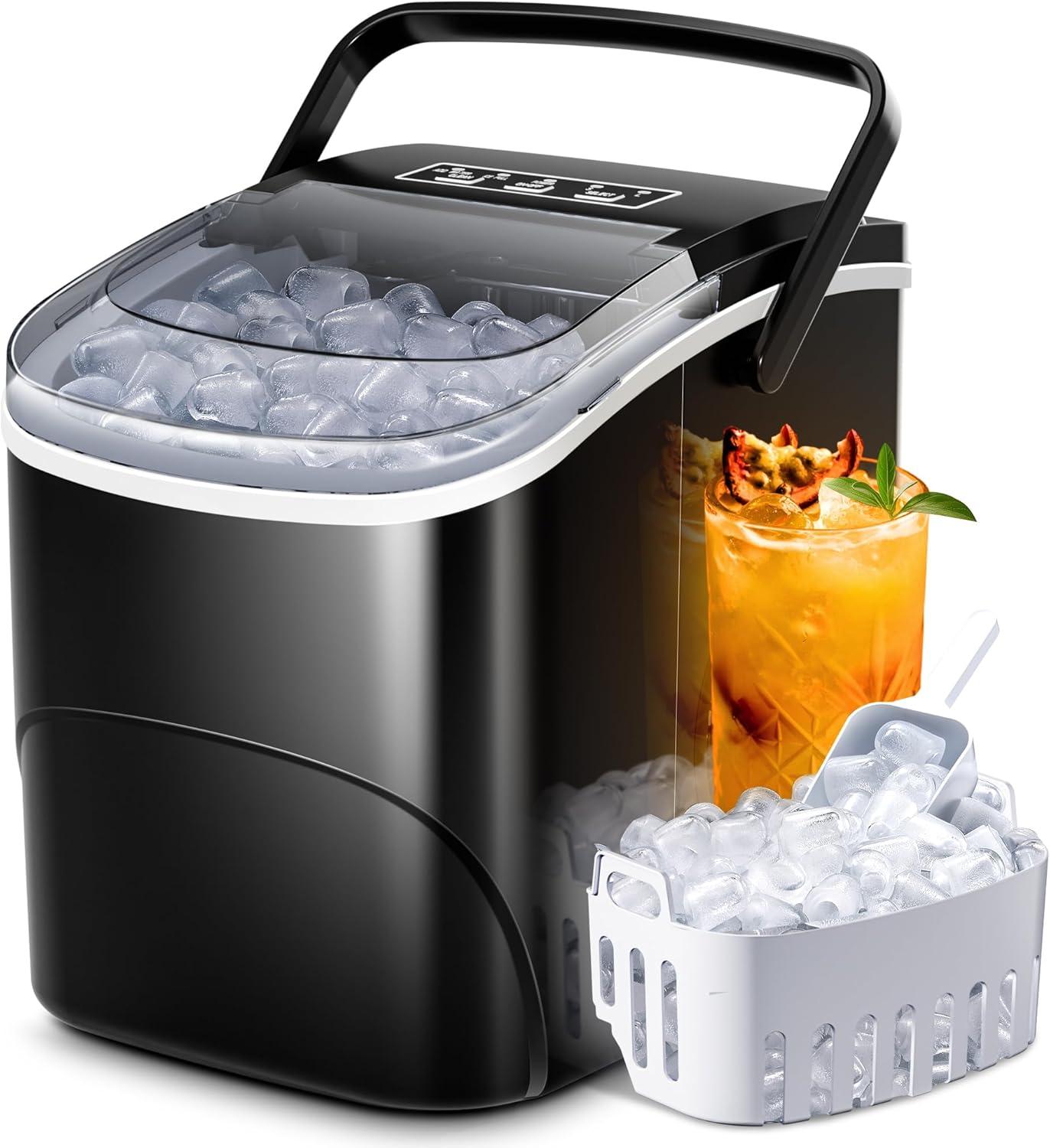 KISSAIR Countertop Ice Maker, Portable Ice Machine with Self-Cleaning, 26Lbs/24H, 9 Ice Cubes Ready in 6 Mins, for Home/Kitchen/Bar, Black