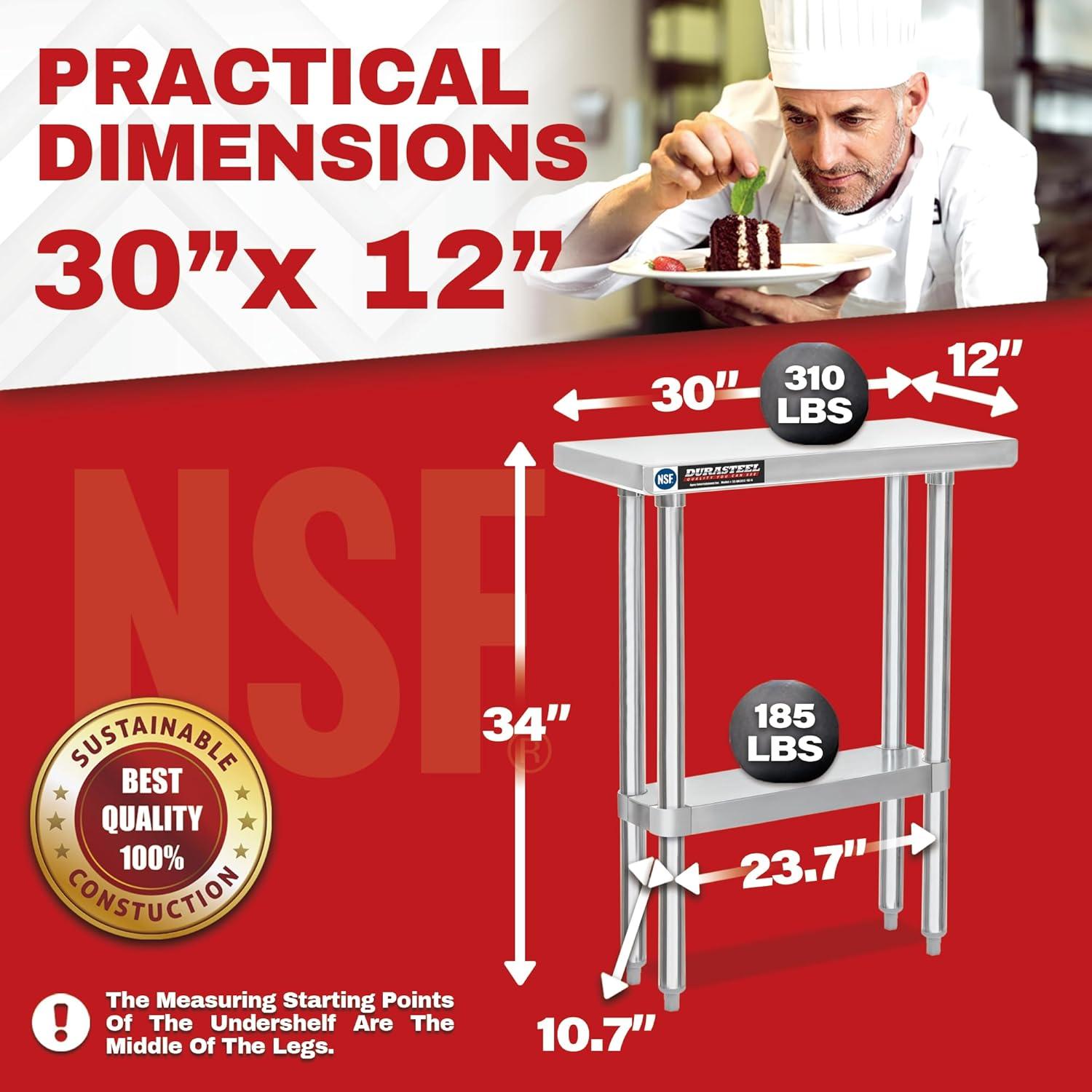 30 x 12 Inch Stainless Steel Table w/ Adjustable Die Cast Corner Bracket Under Shelf - NSF Certified