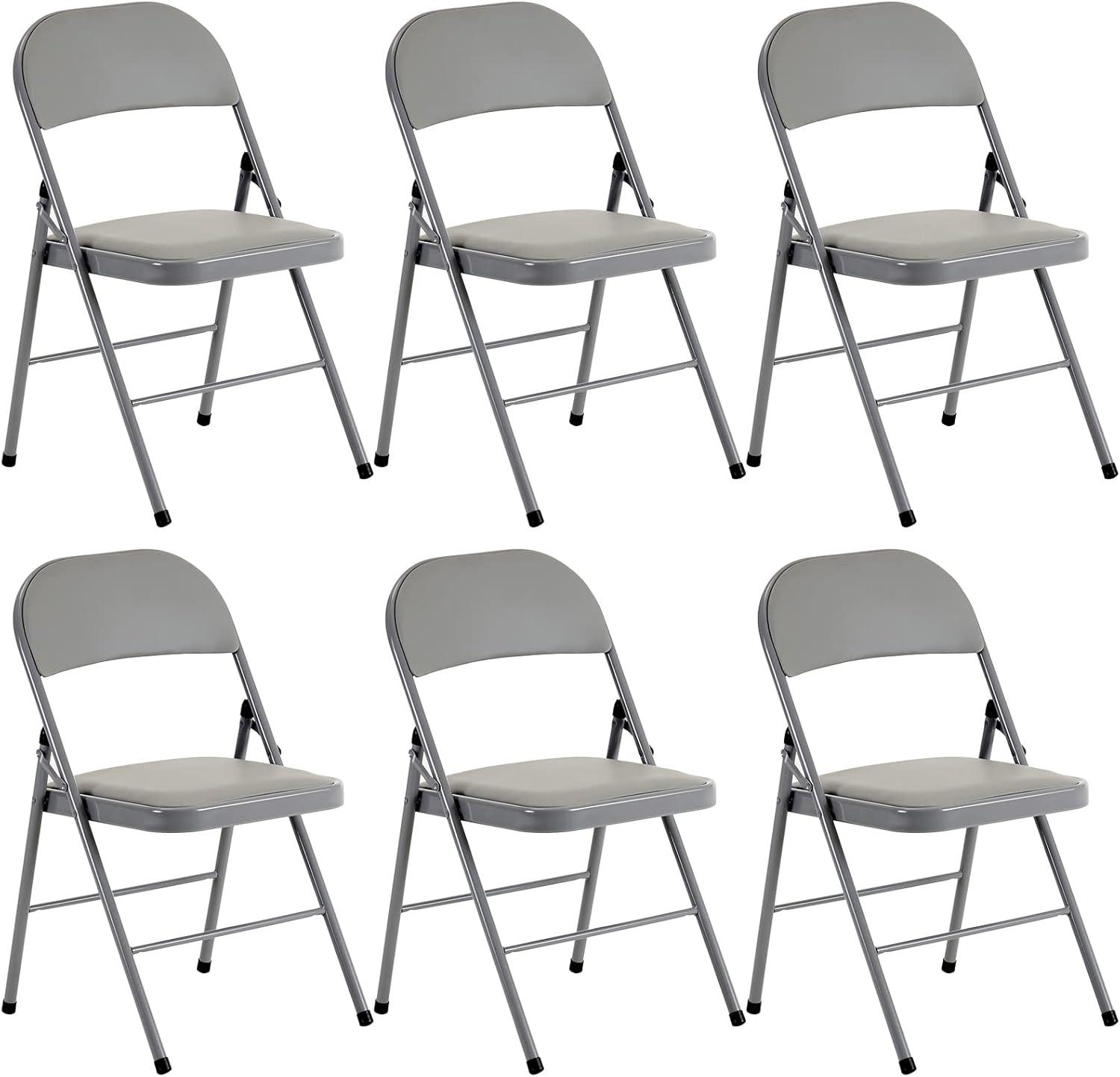 6 Pack Gray Folding Chairs with Padded Cushion and Back for Outside Portable Stackable Commercial Foldable Chairs with Steel Frame for Events Office Wedding Party, 330lbs Capacity