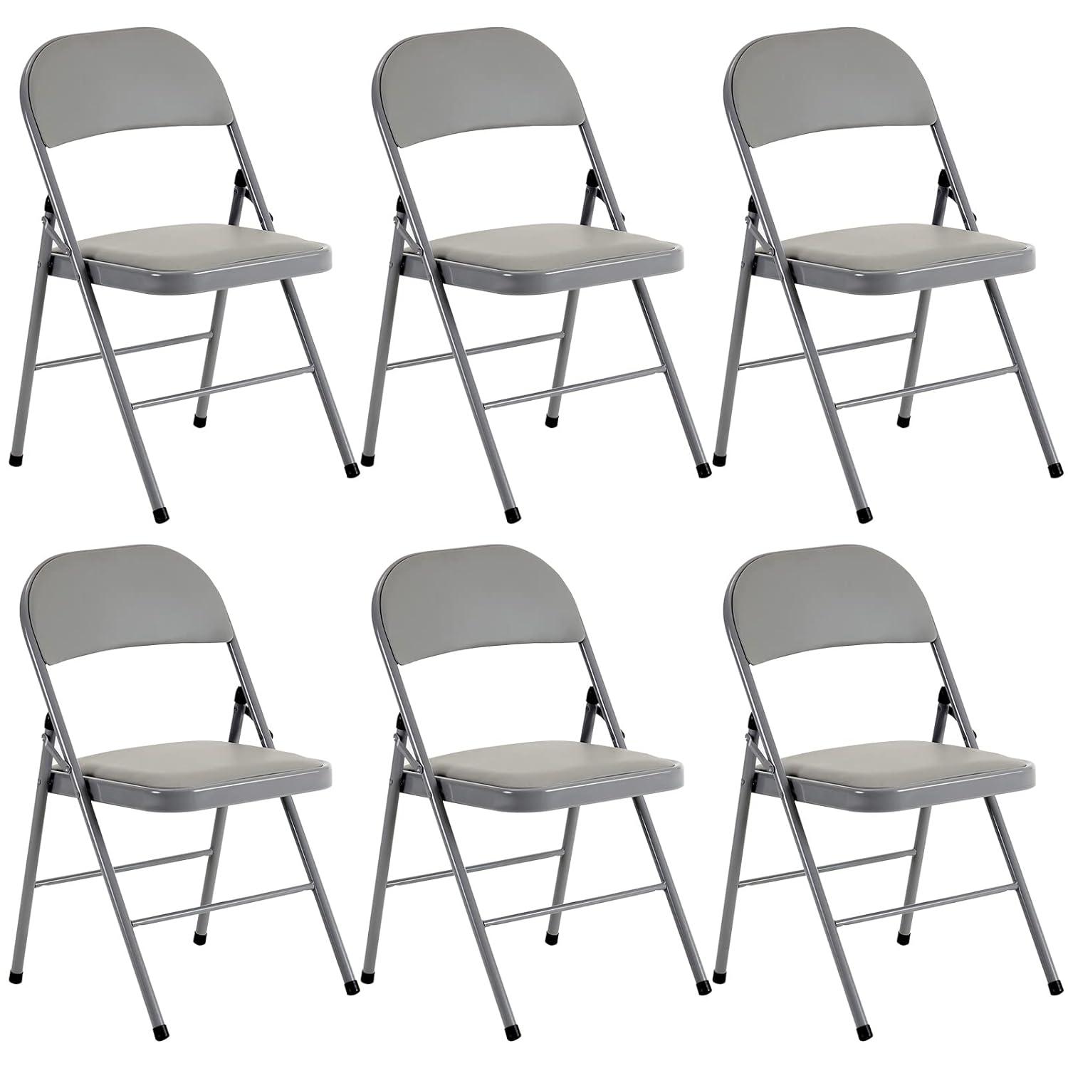 6 Pack Gray Folding Chairs with Padded Cushion and Back for Outside Portable Stackable Commercial Foldable Chairs with Steel Frame for Events Office Wedding Party, 330lbs Capacity