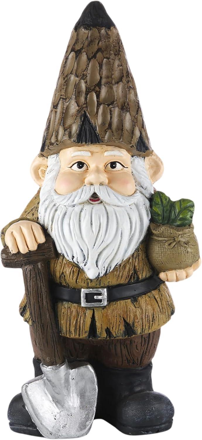 Alpine Corporation 7" x 6" x 16" Polystone Gnome with Shovel Garden Statue, Brown