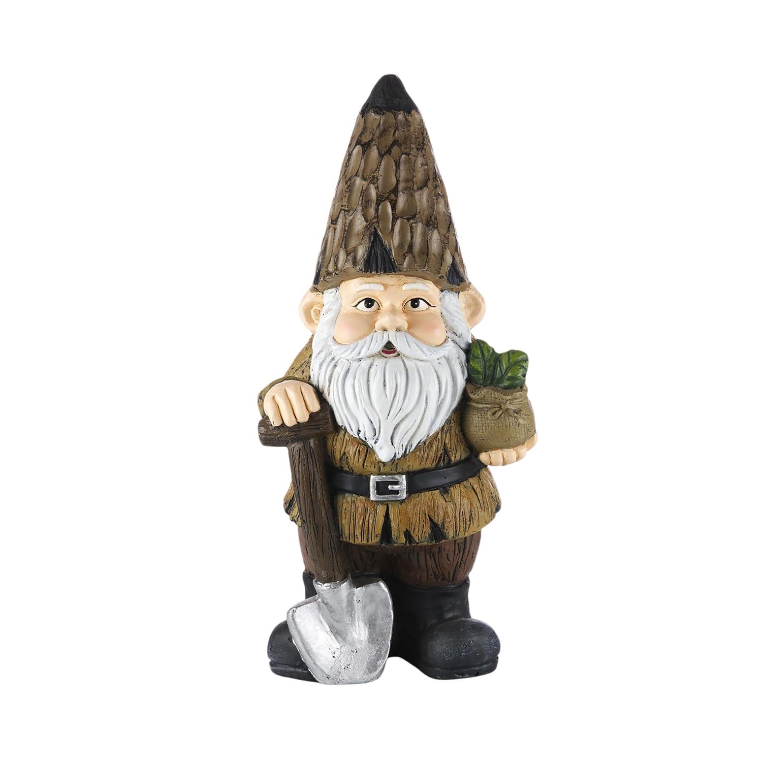 Alpine Corporation 7" x 6" x 16" Polystone Gnome with Shovel Garden Statue, Brown