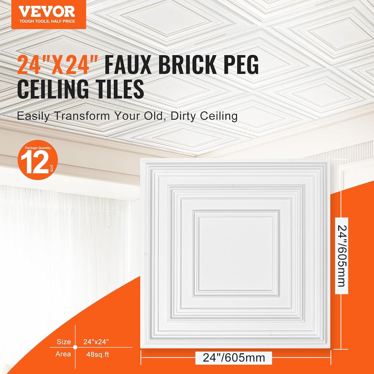 White 24x24 PVC 3D Textured Drop Ceiling Tiles, 12-Pack