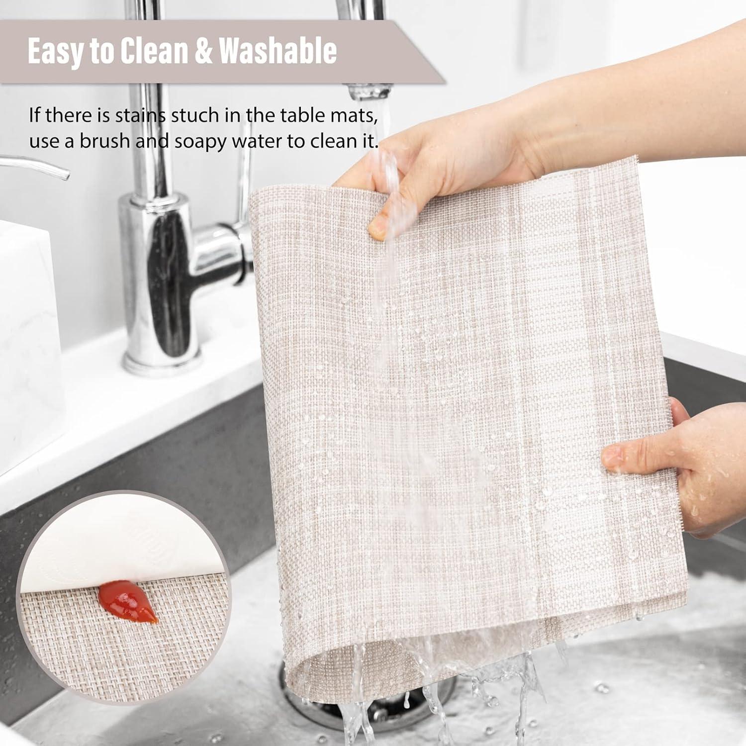 Set of 8 Heat-Resistant Placemats Stain Resistant Anti-Skid Placemats for Kitchen Table, Washable Durable PVC Table Mats Woven Vinyl Placemats Beige