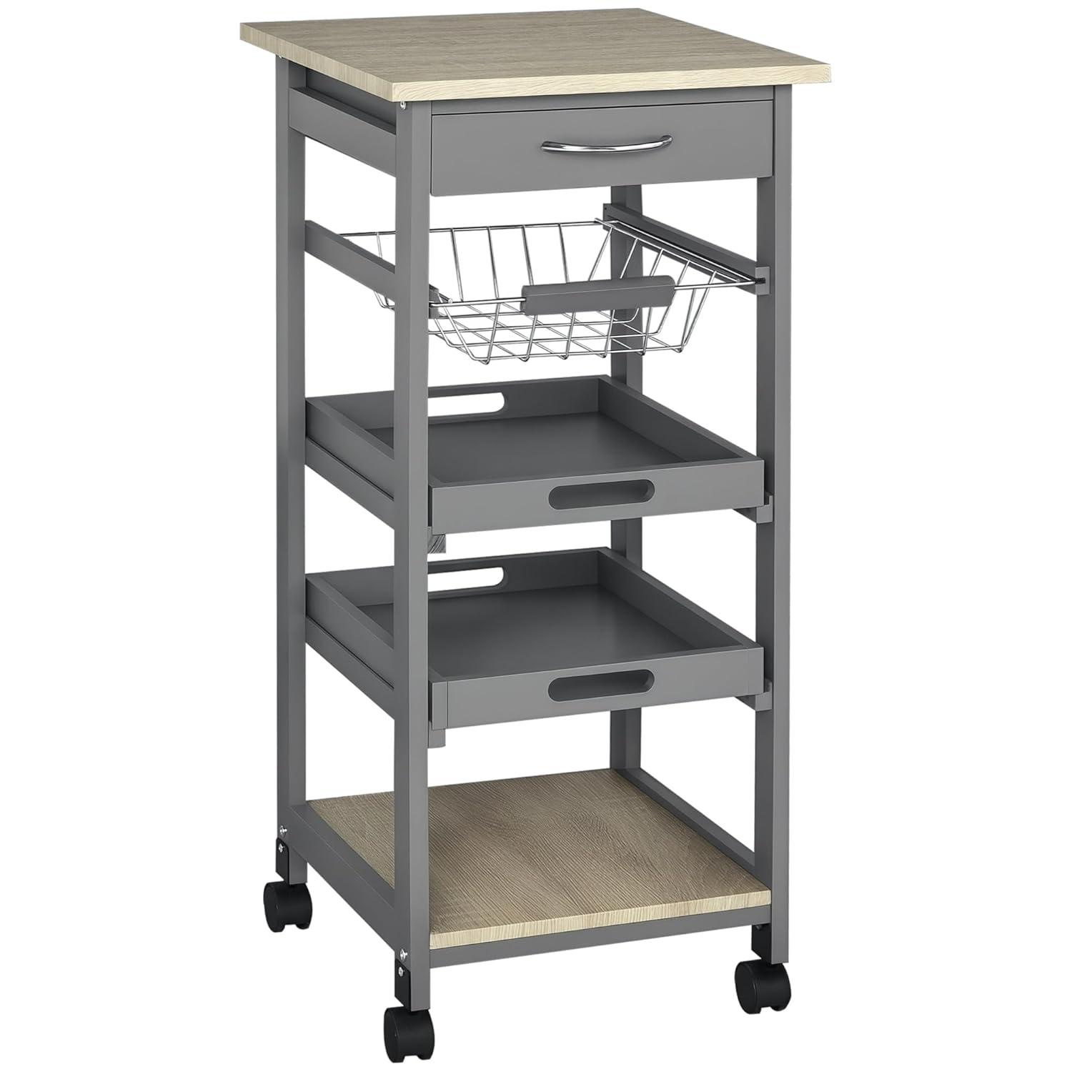 HOMCOM Mobile Rolling Kitchen Island Trolley Serving Cart with Underneath Drawer & Slide-Out Wire Storage Basket, Grey
