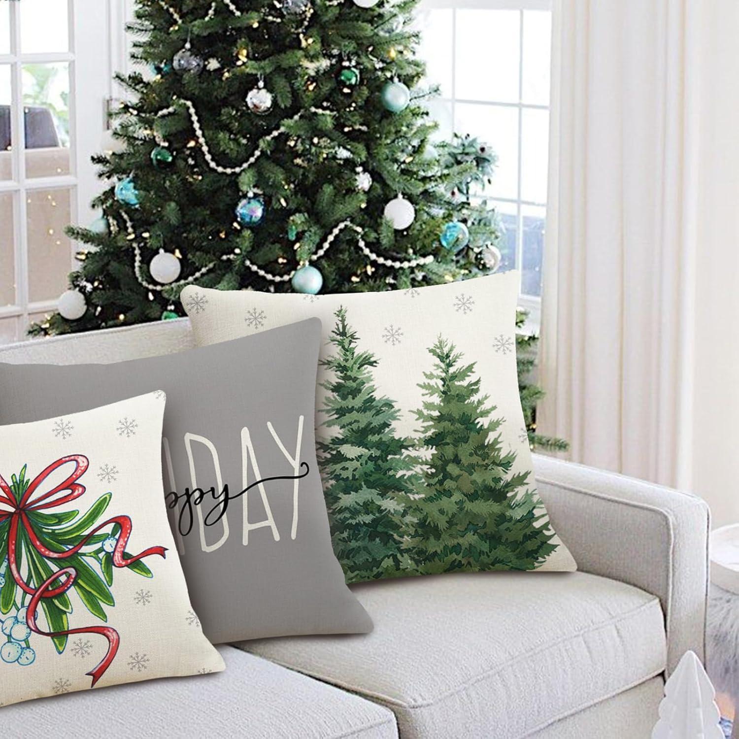 Christmas Pillow Covers 18 x 18 Inch Set of 4  Grey Merry Xmas Tree Snow Hello Winter Decorative Throw Pillowcases Farmhouse Holiday Pillow Cases Decoration for Sofa Couch AA273-18