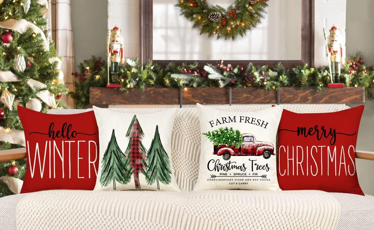 BEAUTY Merry Christmas Throw Pillow Covers 18 x 18 Inch Set of 4  Red Barn Merry & Bright Xmas Farmhouse Holiday Pillowcases for Home Outdoor Decoration CP053-18