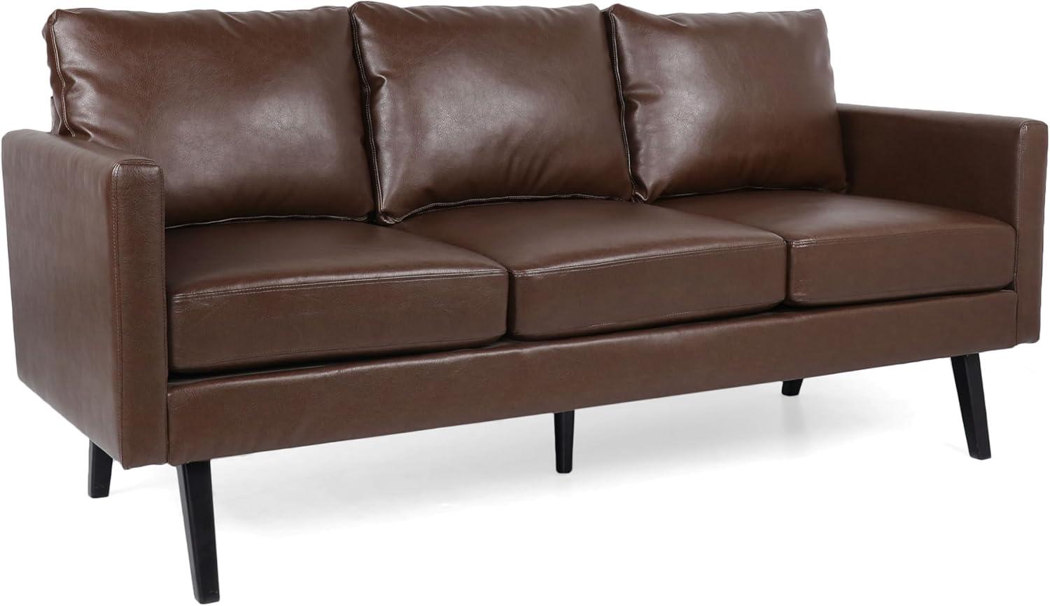 Dark Brown Faux Leather Mid-Century Modern 3-Seater Sofa