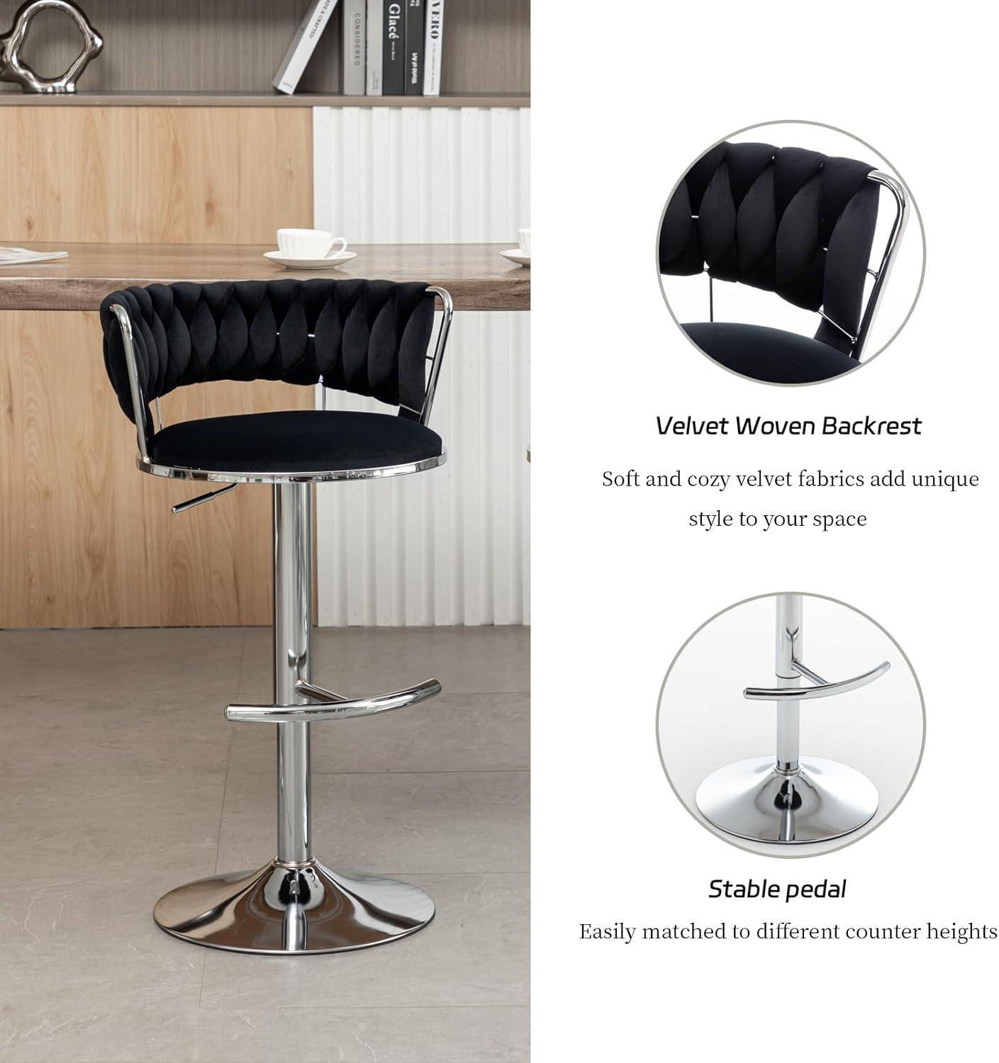 Velvet Bar Stools Set of 2, Counter Height Barstools with Low Back, Swivel Bar Stool for Kitchen Island, Pub (Black)