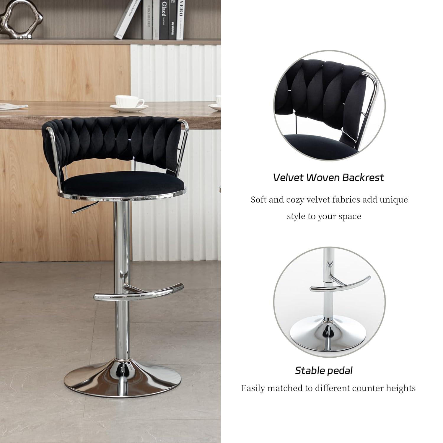 Velvet Bar Stools Set of 2, Counter Height Barstools with Low Back, Swivel Bar Stool for Kitchen Island, Pub (Black)