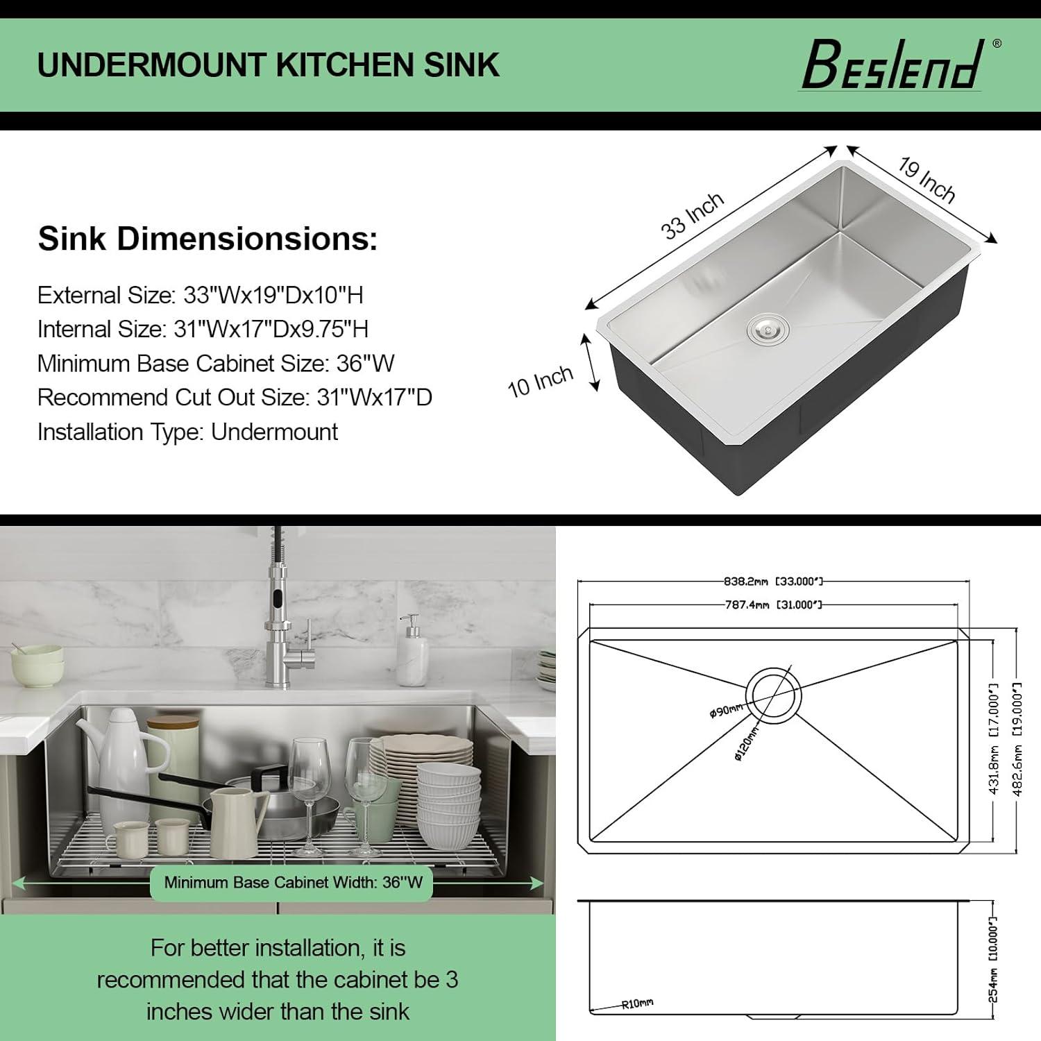 33" L x 19" W Undermount Kitchen Sink 16 Gauge Stainless Steel Kitchen Sink Single Bowl Kitchen Sink