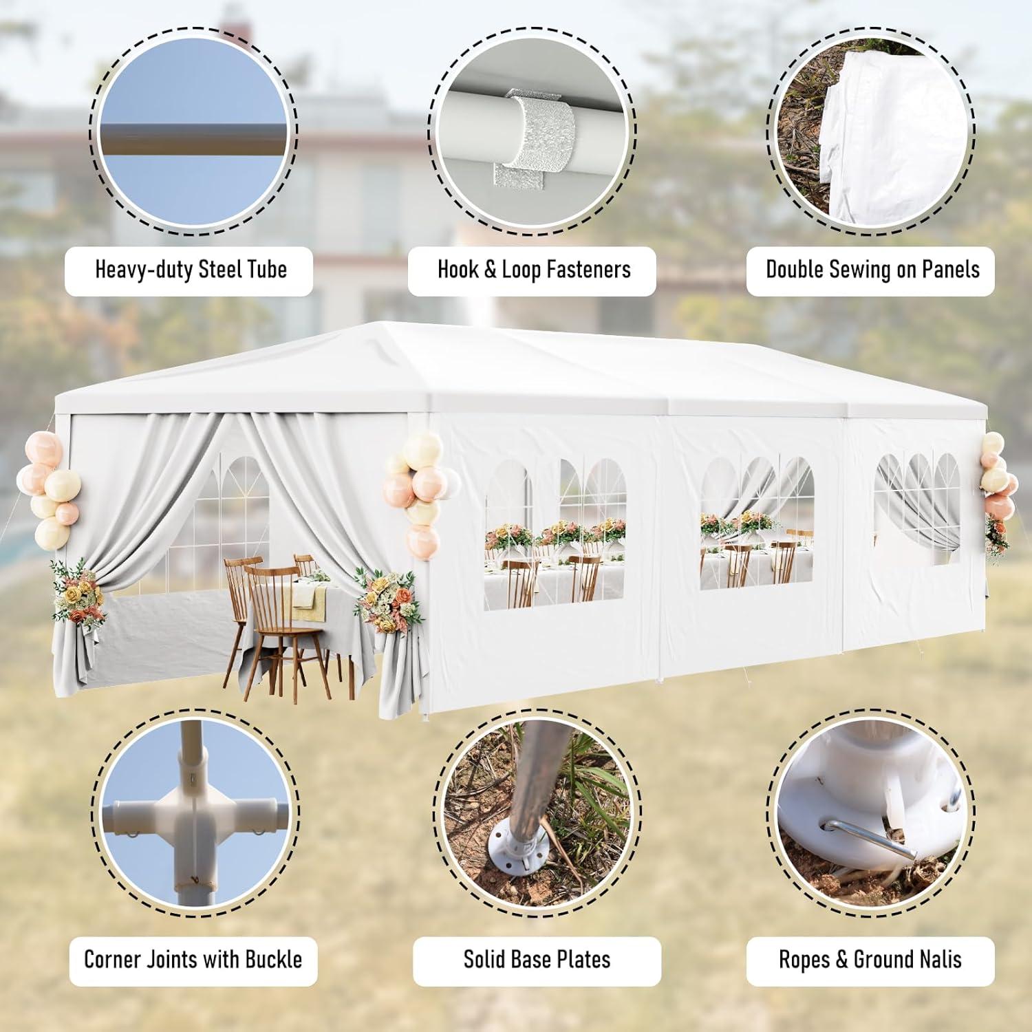 HomGarden 10x30FT Outdoor Gazebo Canopy Wedding Party Tent Shelter Pavilion W/ 8 Removable Sidewalls & Windows for Cater Events, White