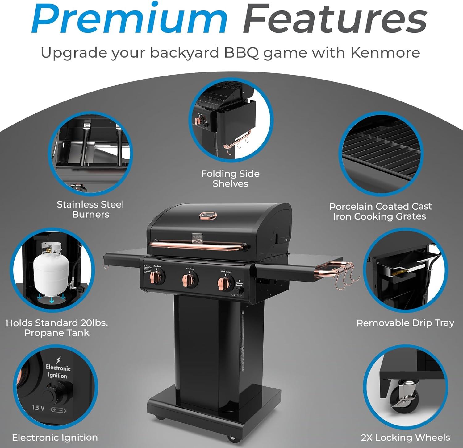 Kenmore 3-Burner Propane Gas Grill with Foldable Side Tables for Outdoor BBQ