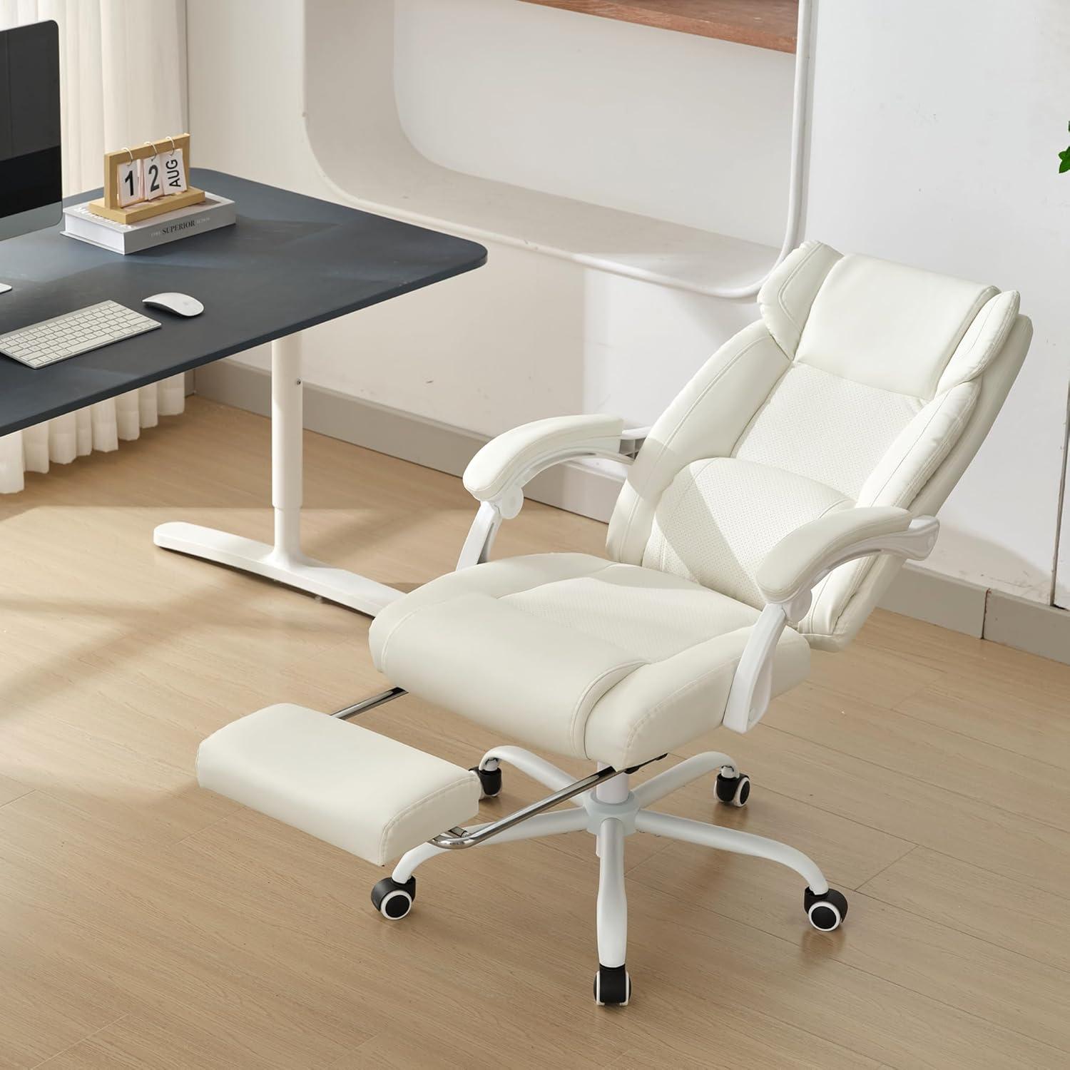 Executive Office Chair with Footrest,90-155°Adjustable Reclining Office Chair,Thick Leather Chair with Lumbar Support,Ergonomic Computer Desk Chair Comfy for Home Office (Cream White)