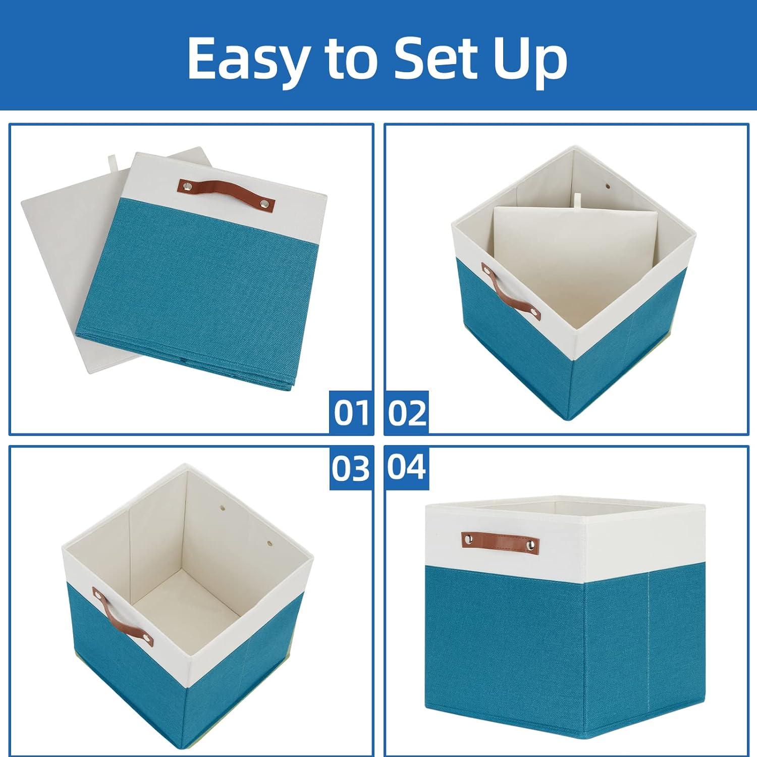 Tegance 13x13 Storage Cubes Baskets 4 Pack Fabric Cube Storage Bins Large Storage Baskets with Leather Handles,Decorative Storage Boxes for Organizing Shelves(WhiteGreen)