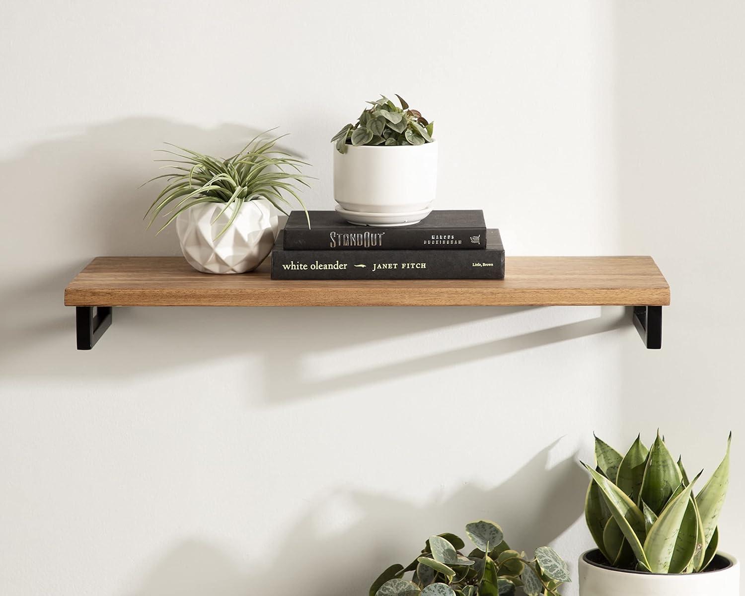 Lankford 24" Natural Wood and Black Modern Floating Wall Shelf