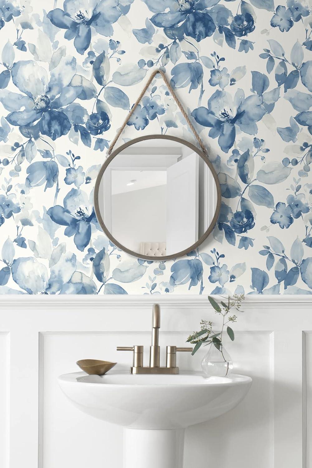 Bluestone Watercolor Flower Peel and Stick Wallpaper