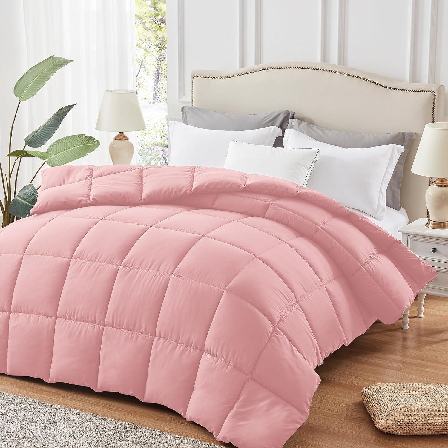 100% Cotton All-Season Comforter - Box Stitched Comforter - Bedding with Corner Tabs Machine Washable Lightweight Color Pink Solid Pattern Size Oversized Queen (98"x98")