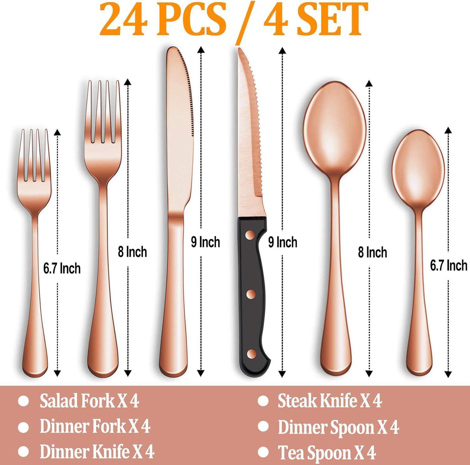 24-Piece Rose Gold Stainless Steel Flatware Set with Steak Knives