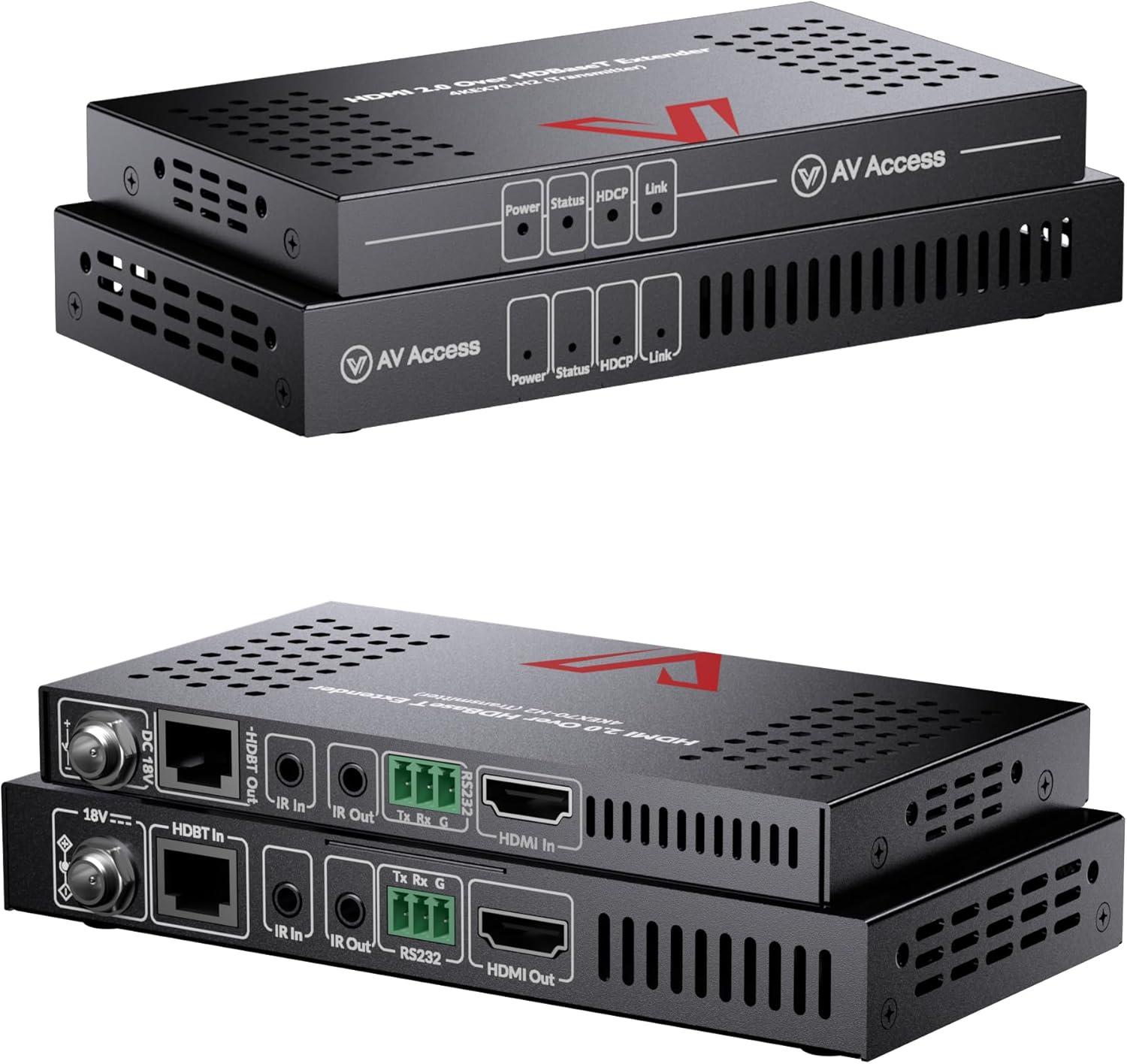 AV Access HDBaseT 4K HDMI Extender Over Cat5e/6/6a/7 4K@60Hz 130ft, 1080P@60Hz 230ft, HDR10+, HDMI 2.0 YUV4:4:4, UltraHD, HDCP 2.2, 18Gbps, Plug & Play, IR Return & PoE, Smart EDID(4KEX70-H2)