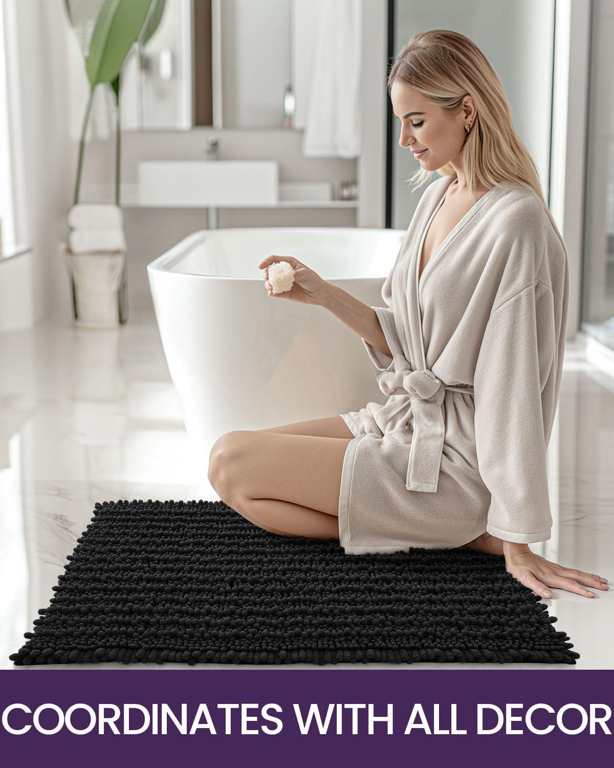 Upgrade Luxury Black Bathroom Rug Mat 20"x32", Ultra Soft Thick Absorbent Bath Mats, Non Slip Chenille Toilet Mat for Bathroom, Bedroom, Kitchen, Shower, Tub