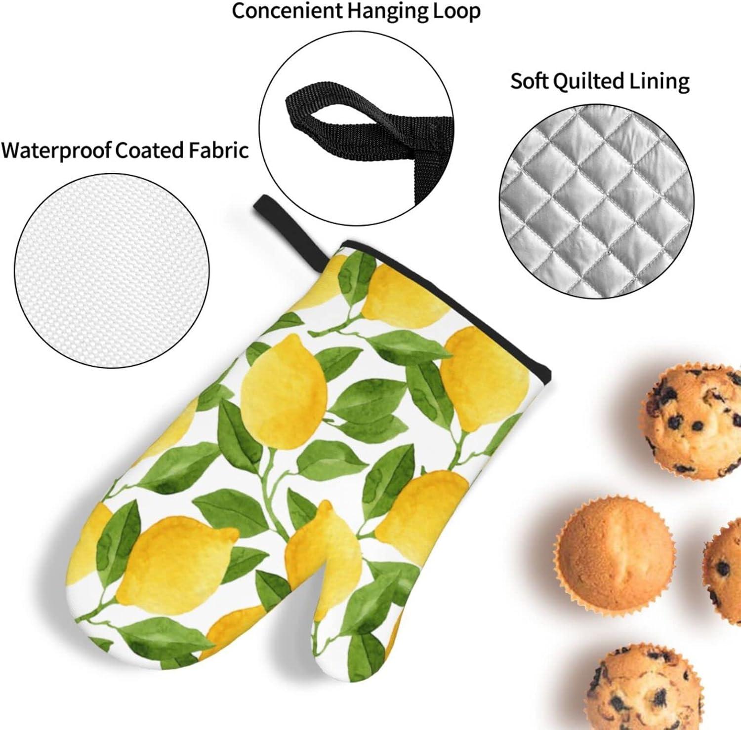 YFYANG Oven Mitts and Pot Holders Sets 4 Pieces, Non-Slip Heat Resistant Fruit Lemon Art Pattern Kitchen Glove Pot Mat for Cooking and Baking