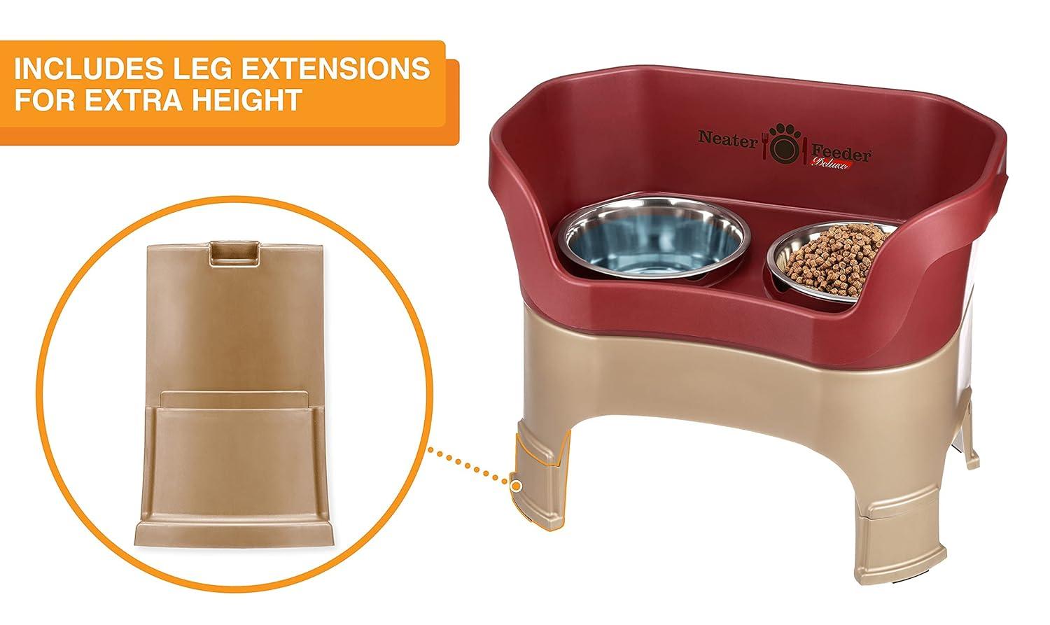 Neater Feeder Deluxe Mess Proof Dog Bowls Elevated for Large Dogs – Made in USA – No Spill Raised Dog Food Bowl Stand w/Leg Extensions – Stainless Steel Dog Food and Water Bowl Set – Red