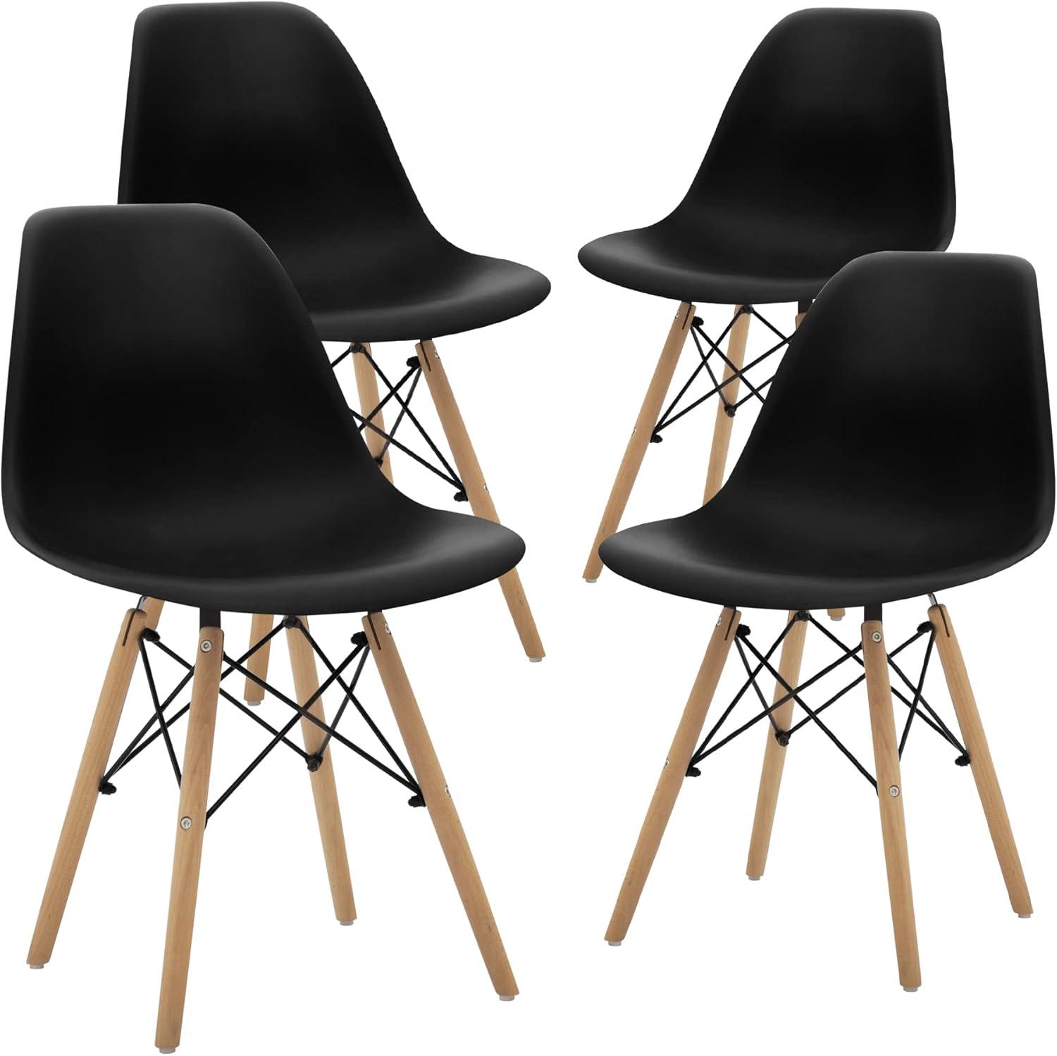 Black Ergonomic Plastic Side Chairs with Wooden Legs, Set of 4