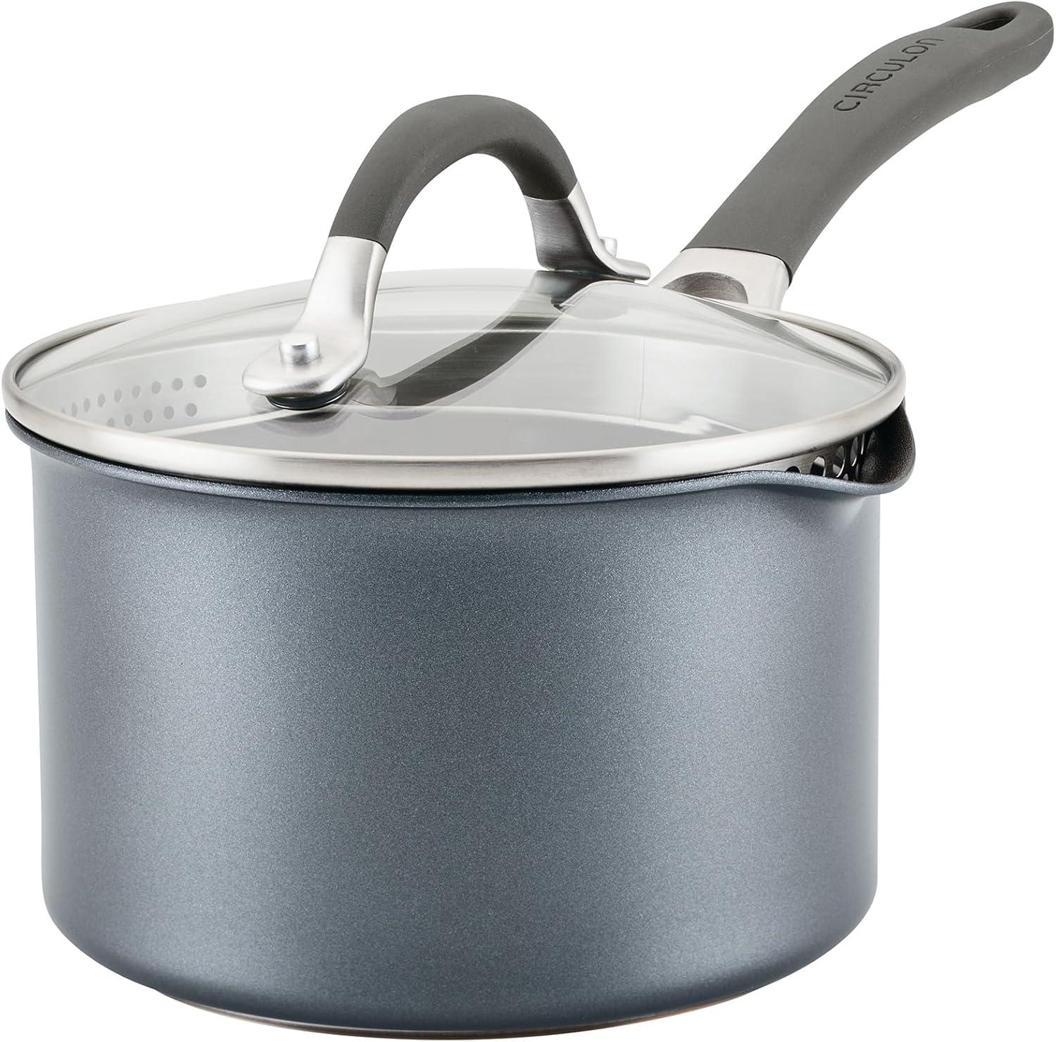 Circulon A1 Series with ScratchDefense Technology 2qt Nonstick Induction Straining Saucepan with Lid Graphite: Dishwasher-Safe Aluminum Cookware