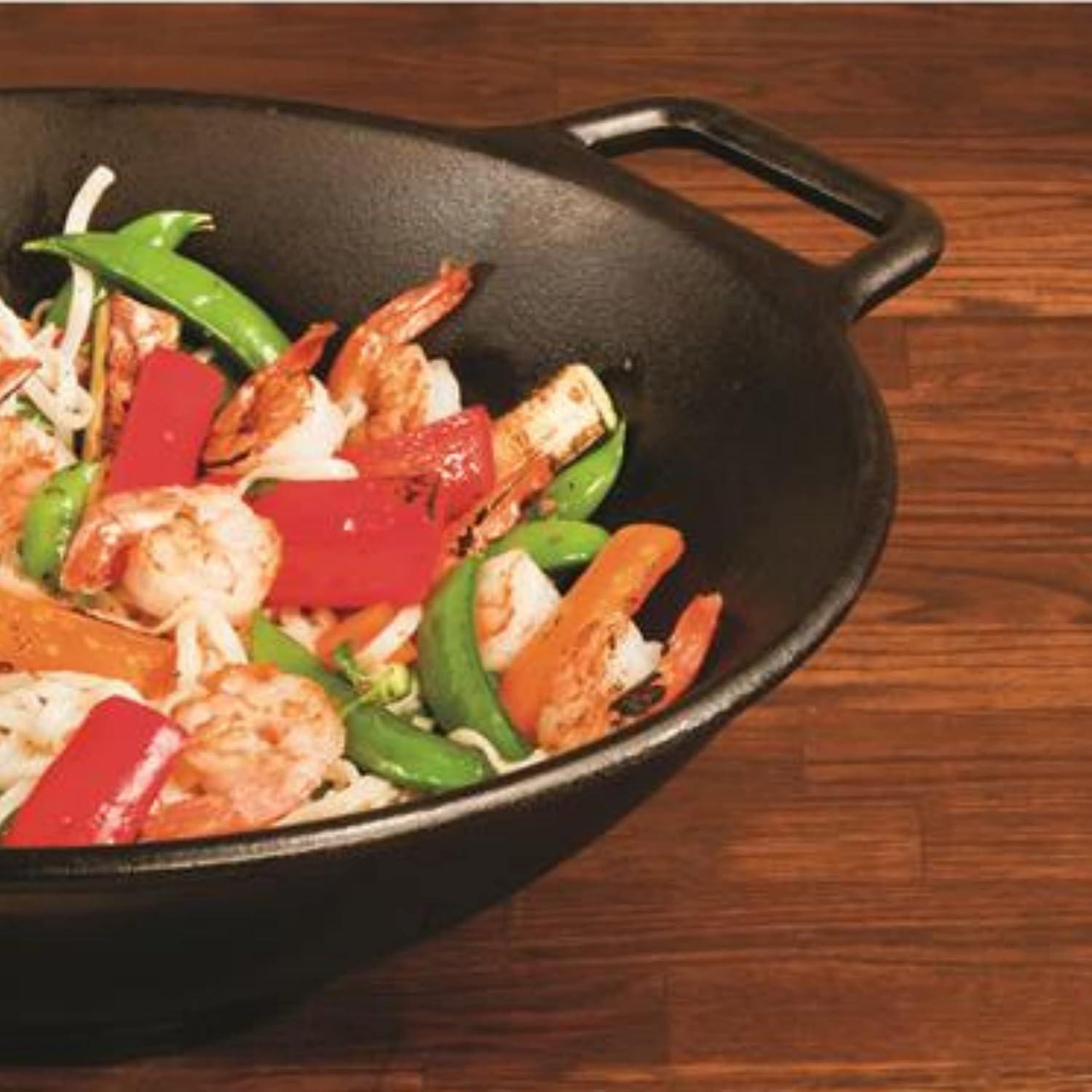 Cast Iron Wok, Jim Beam 12'' Grilling Wok, Pre Seasoned Cast Iron Wok with Handles, Wok Provides Superior Heat Retention and Even Cooking, Cast Iron Wok for Grill and Oven use