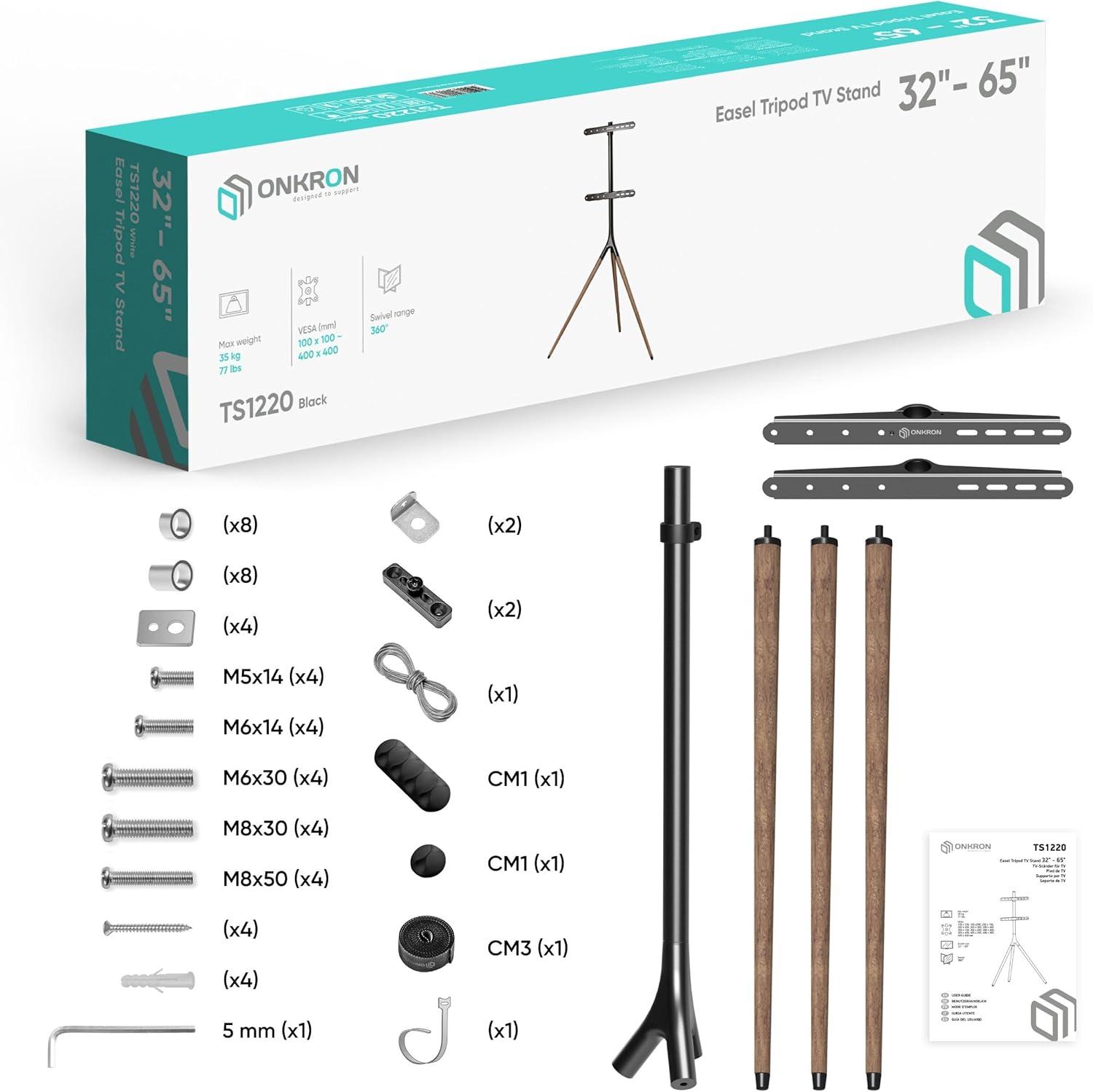 ONKRON Tripod TV Stand Wood for TVs up to 65" and 77 lbs, Swivel Floor Corner TV Stand Adjustable