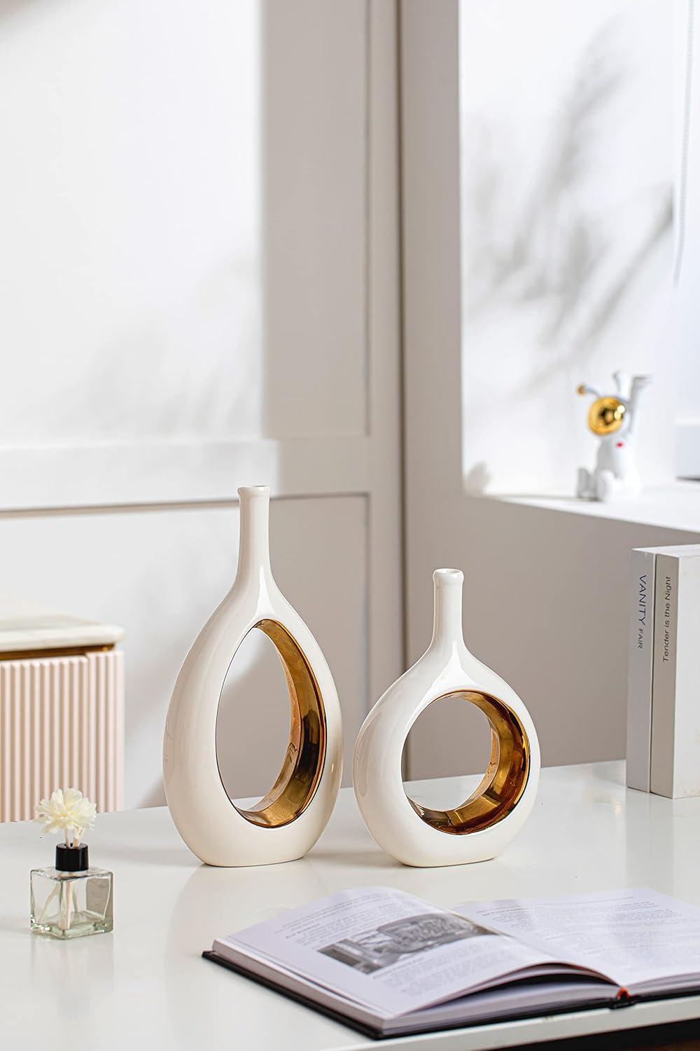 White and Gold Ceramic Cylinder Decorative Vase Set