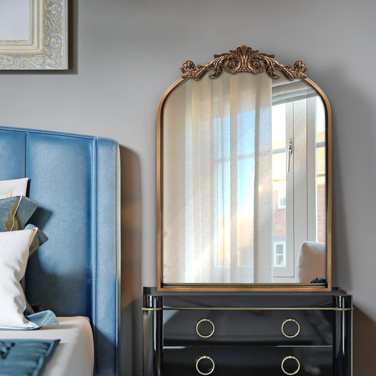 BohoBliss 24"X36" Gold Vintage Mirror for Wall, Antique Arch Mirror, Victorian Ornate Baroque Mirror for Wall, Mantel, Fireplace, Living Room, Hallway, Bathroom, Bedroom, Entryway
