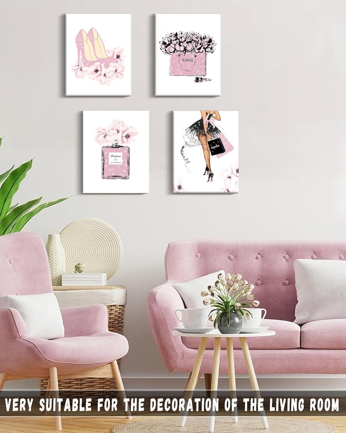 Drsoum Glam Pink Fashion Wall Decor,Woman Makeup Framed Wall Art,Hot Pink Girly Room Decor,Perfume Handbags High Heels Lipstick Wall Paintings Set of 4, 8x10 in (Framed)