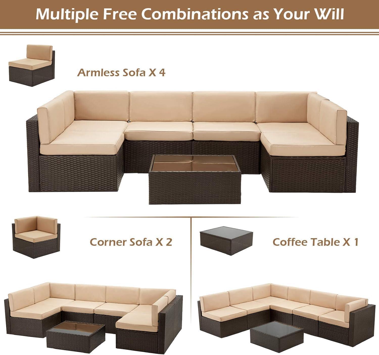 U-MAX 7 Piece Outdoor Patio Furniture Set, PE Rattan Wicker Sofa Set, Outdoor Sectional Furniture Chair Set with Cushions and Tea Table, Brown