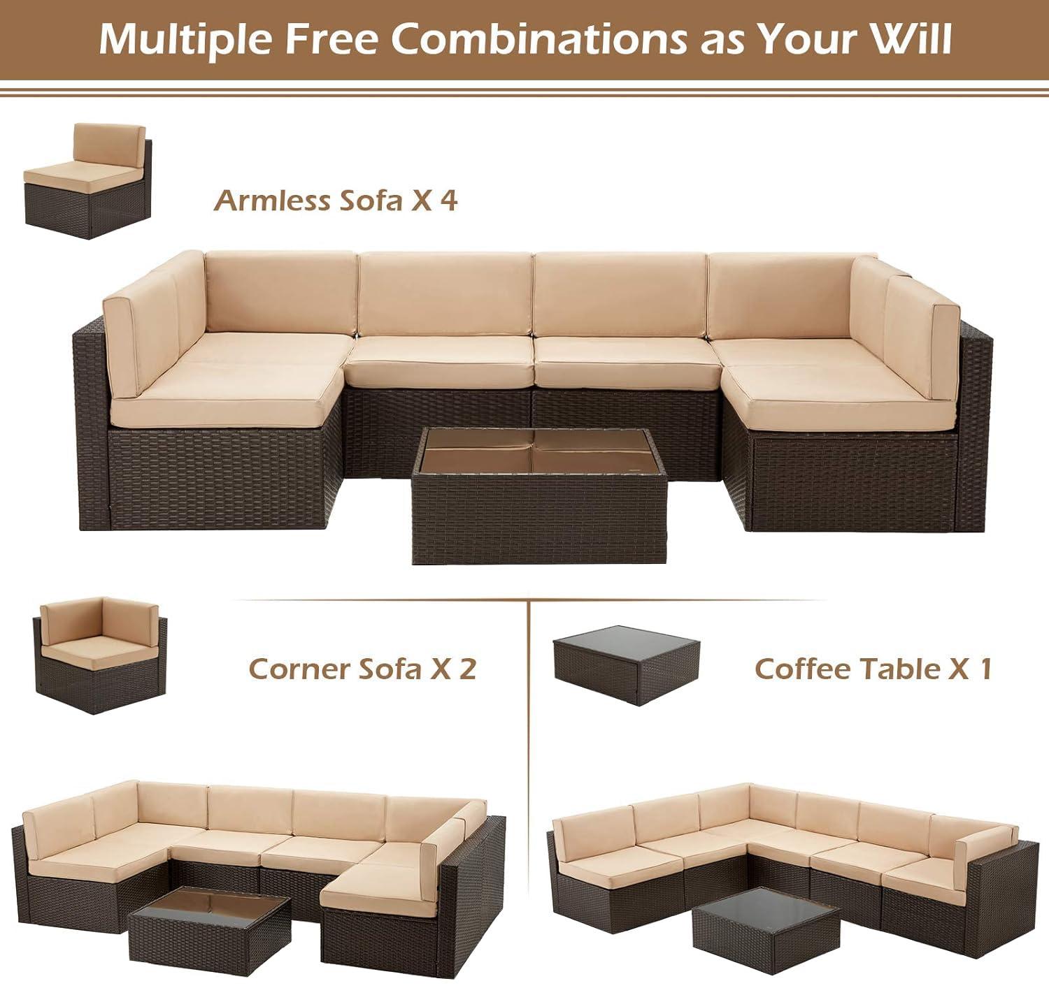 U-MAX 7 Piece Outdoor Patio Furniture Set, PE Rattan Wicker Sofa Set, Outdoor Sectional Furniture Chair Set with Cushions and Tea Table, Brown