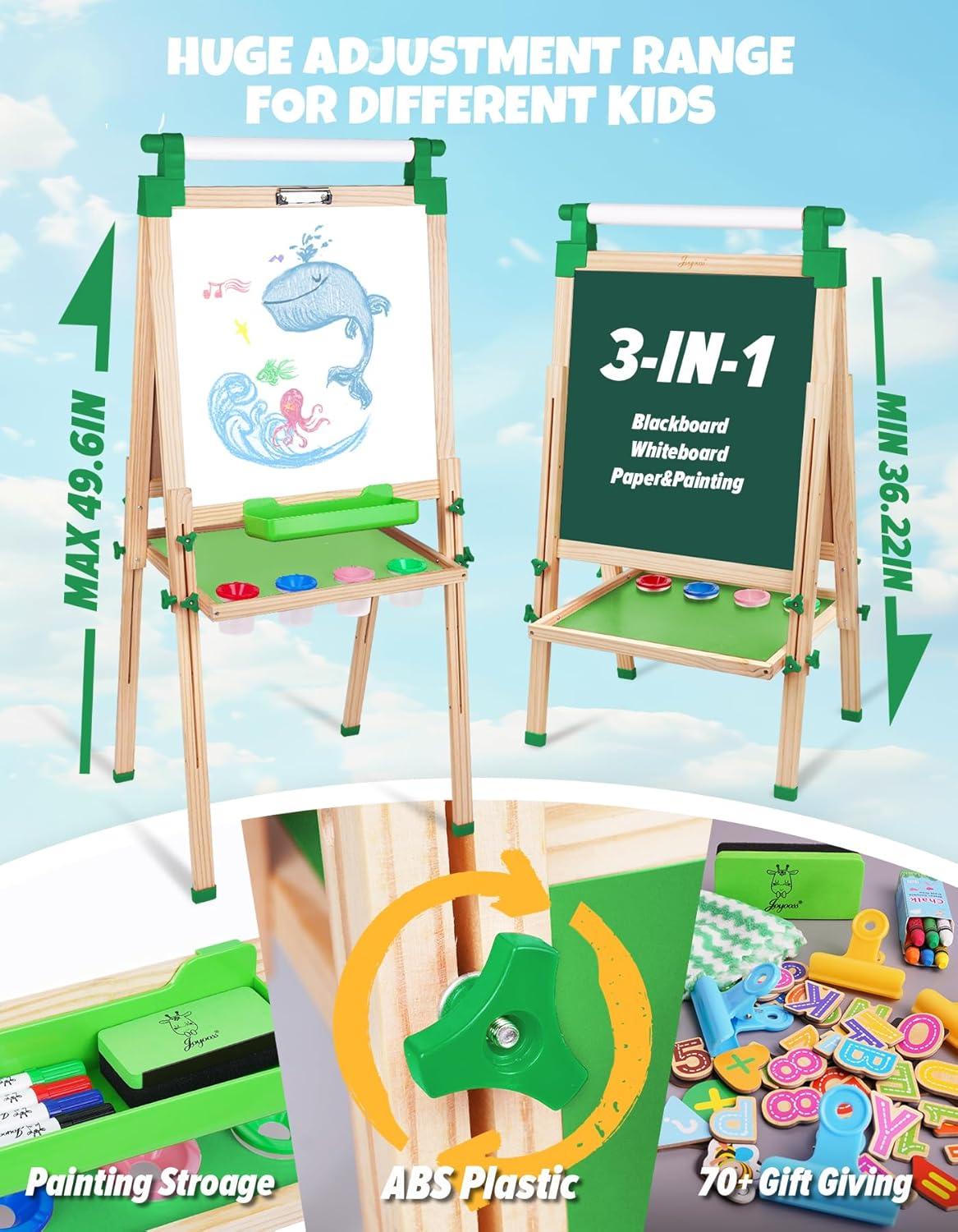 Joyooss Kids Wooden Art Easel with Paper Roll,Double Sided Whiteboard & Chalkboard Children Easel,Adjustable Height